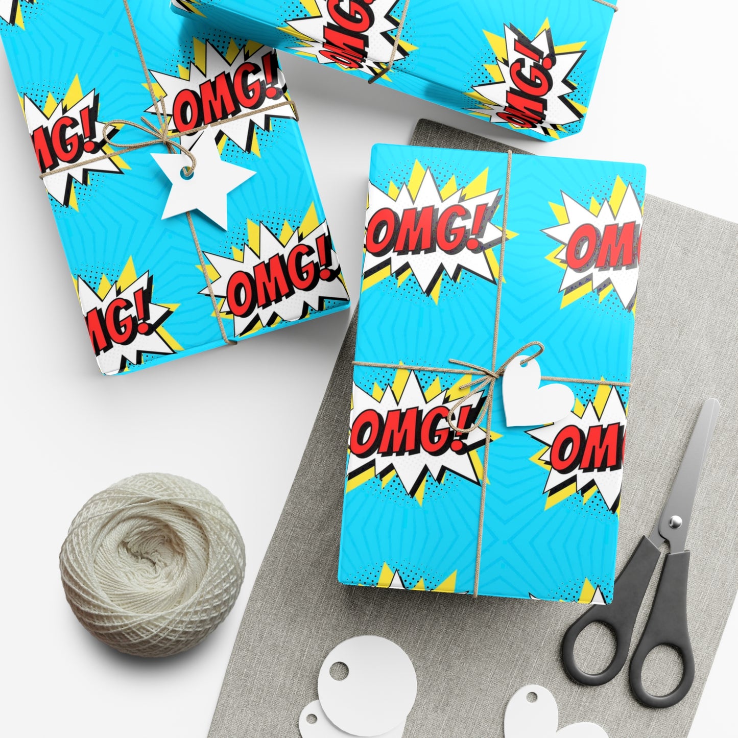 Retro Pop Art Wrapping Paper - OMG! Speech Bubble Design on Bright Blue - Unique Cartoon-Style Gift Wrap