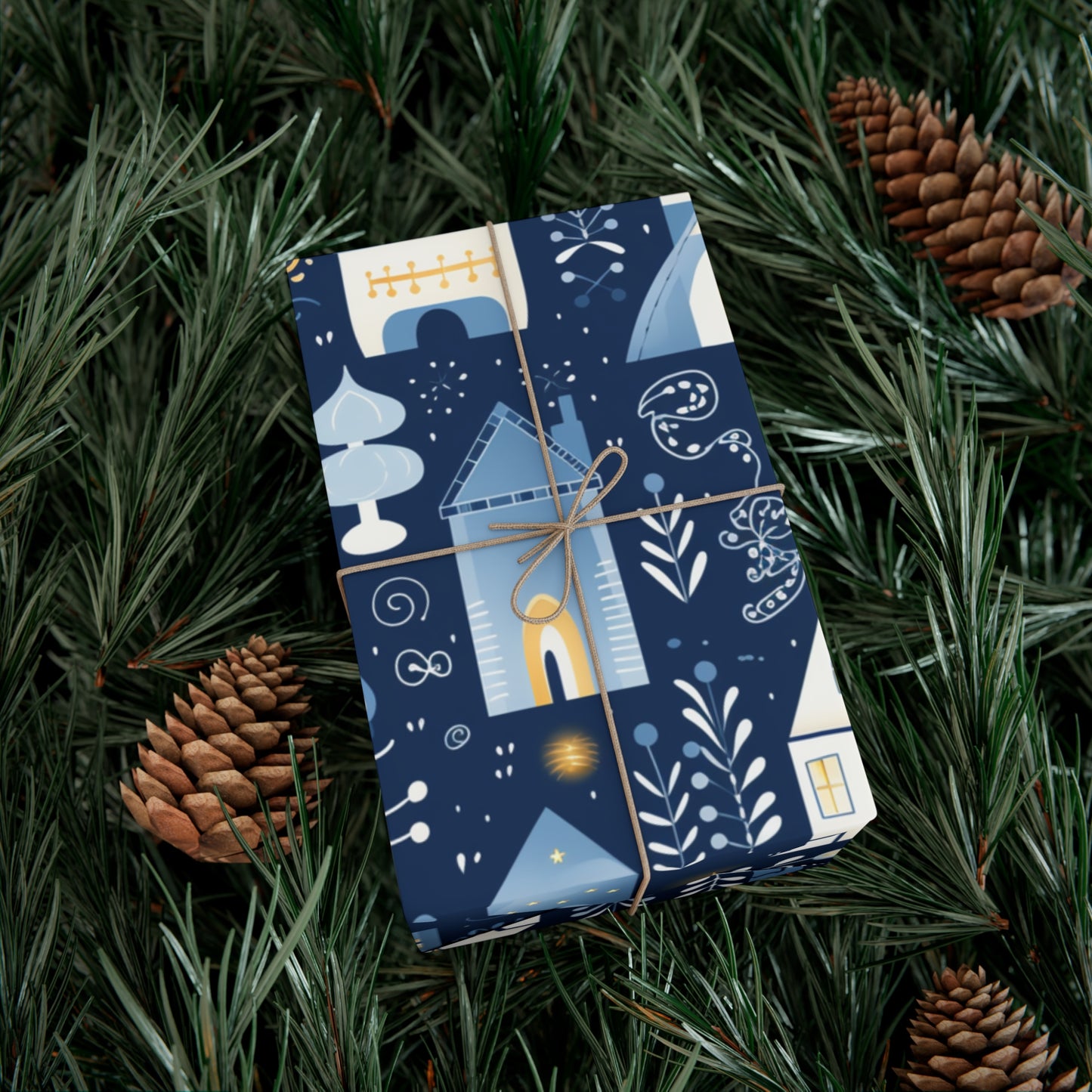 Blue Cozy Homes & Candles Gift Wrapping Paper - Elegant Winter - Themed Wrap for Special Occasions, Hanukkah, Birthdays, Holidays