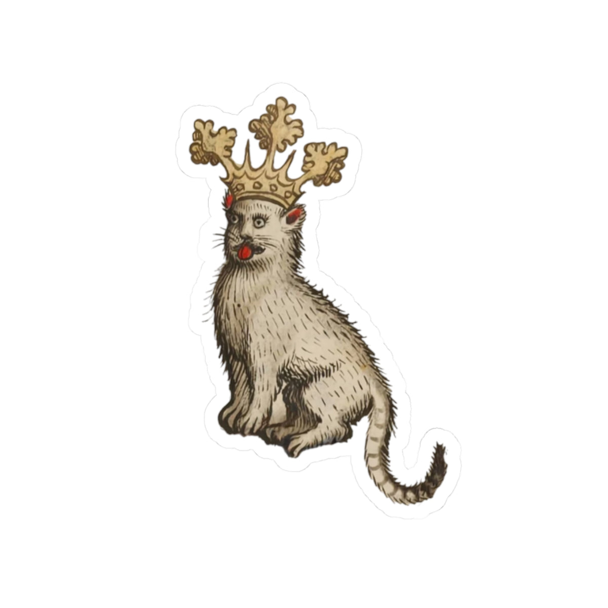 Medieval Cat Sticker, Crowned Cat with Tongue Out, Mystical Medieval Art Decal, Unique Gift