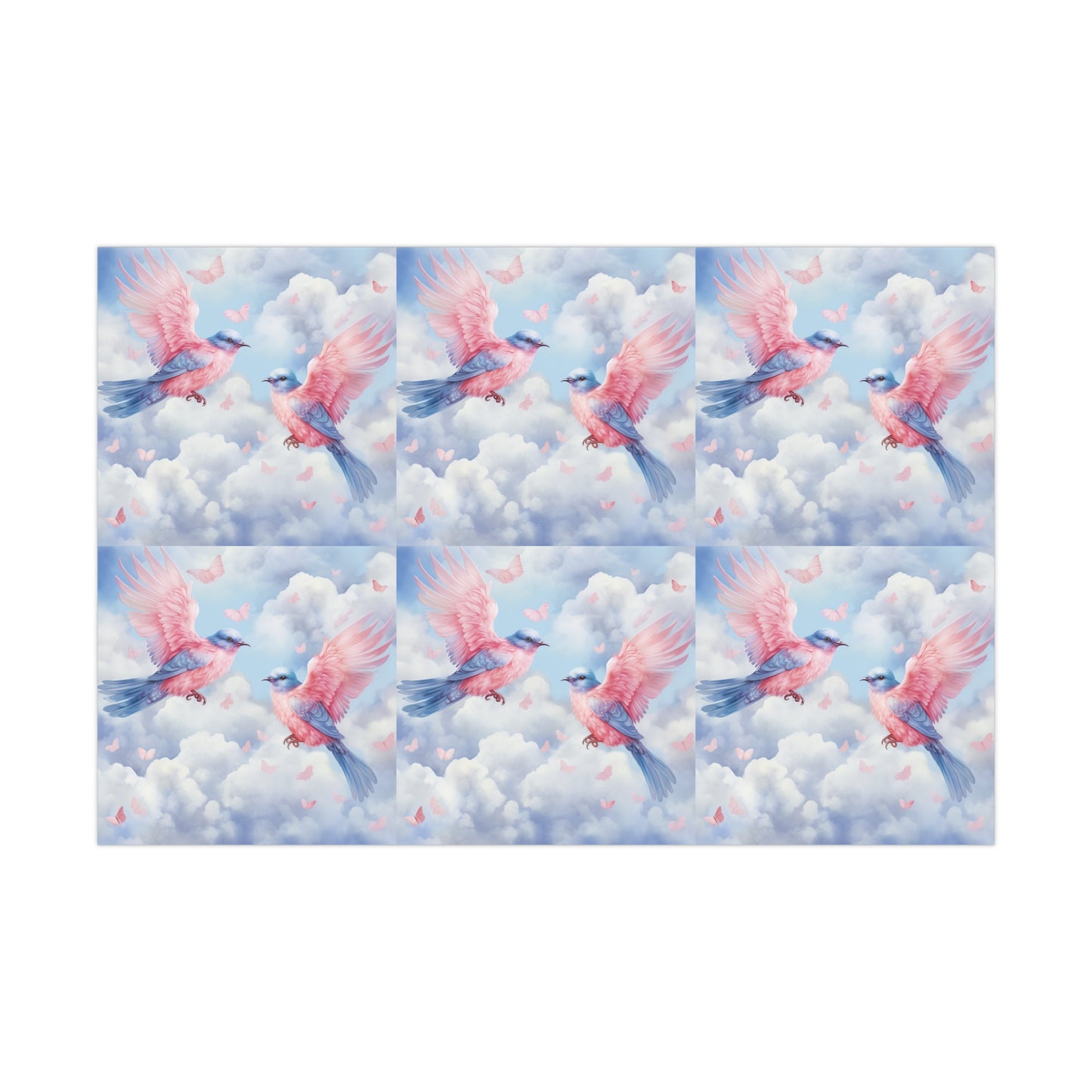 Gift Wrapping Paper of Love Birds, Sky Blue and Clouds with Butterflies, Tender Pastel Wrap for Birthdays, Valentine's, All Occasions