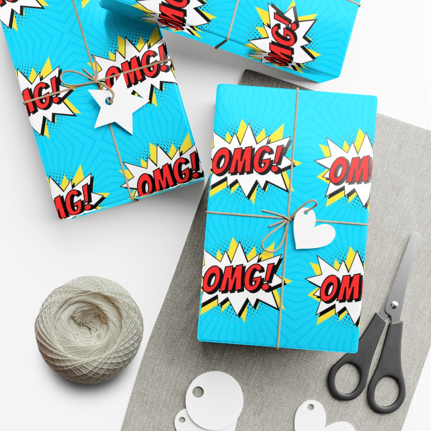 Retro Pop Art Wrapping Paper - OMG! Speech Bubble Design on Bright Blue - Unique Cartoon-Style Gift Wrap