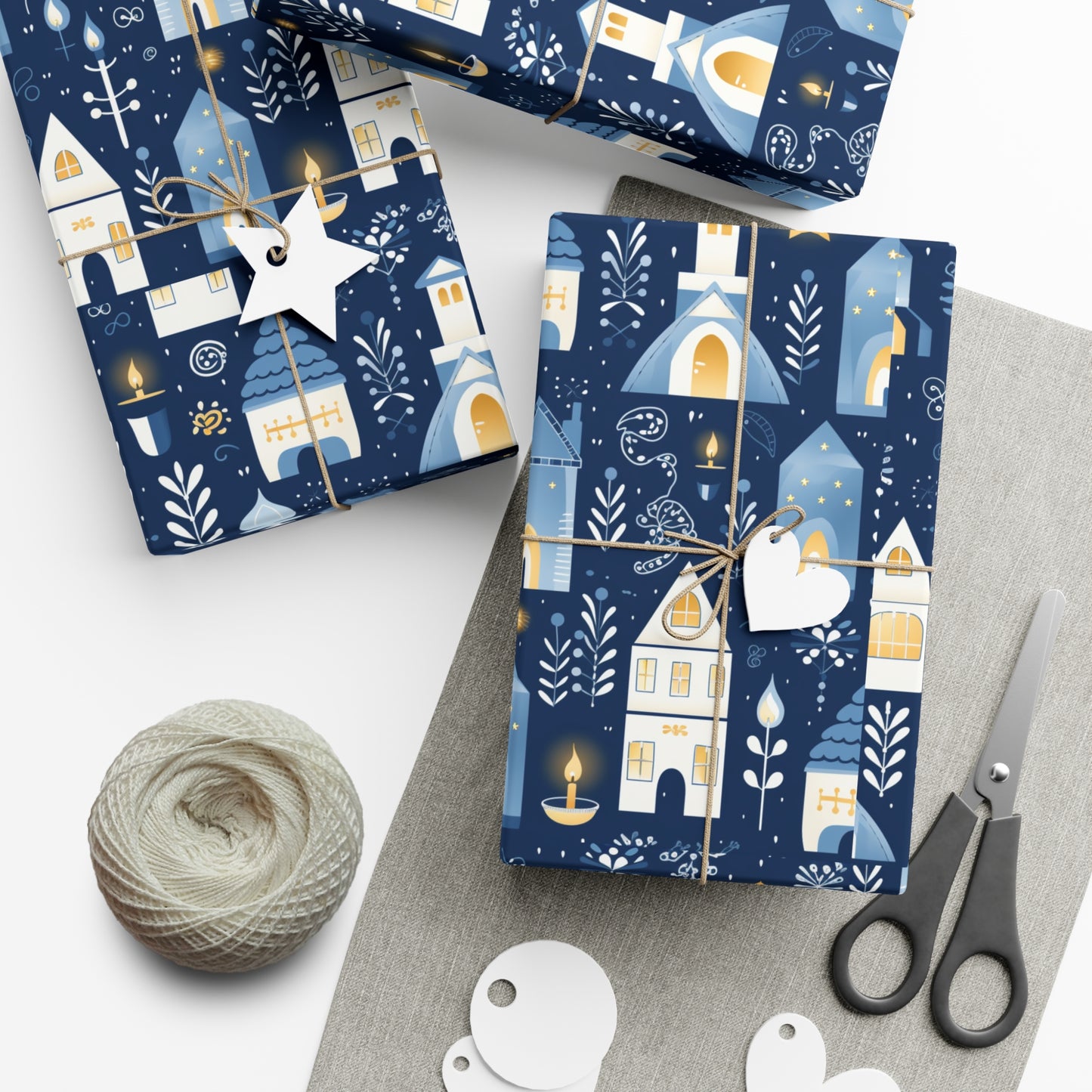 Blue Cozy Homes & Candles Gift Wrapping Paper - Elegant Winter - Themed Wrap for Special Occasions, Hanukkah, Birthdays, Holidays