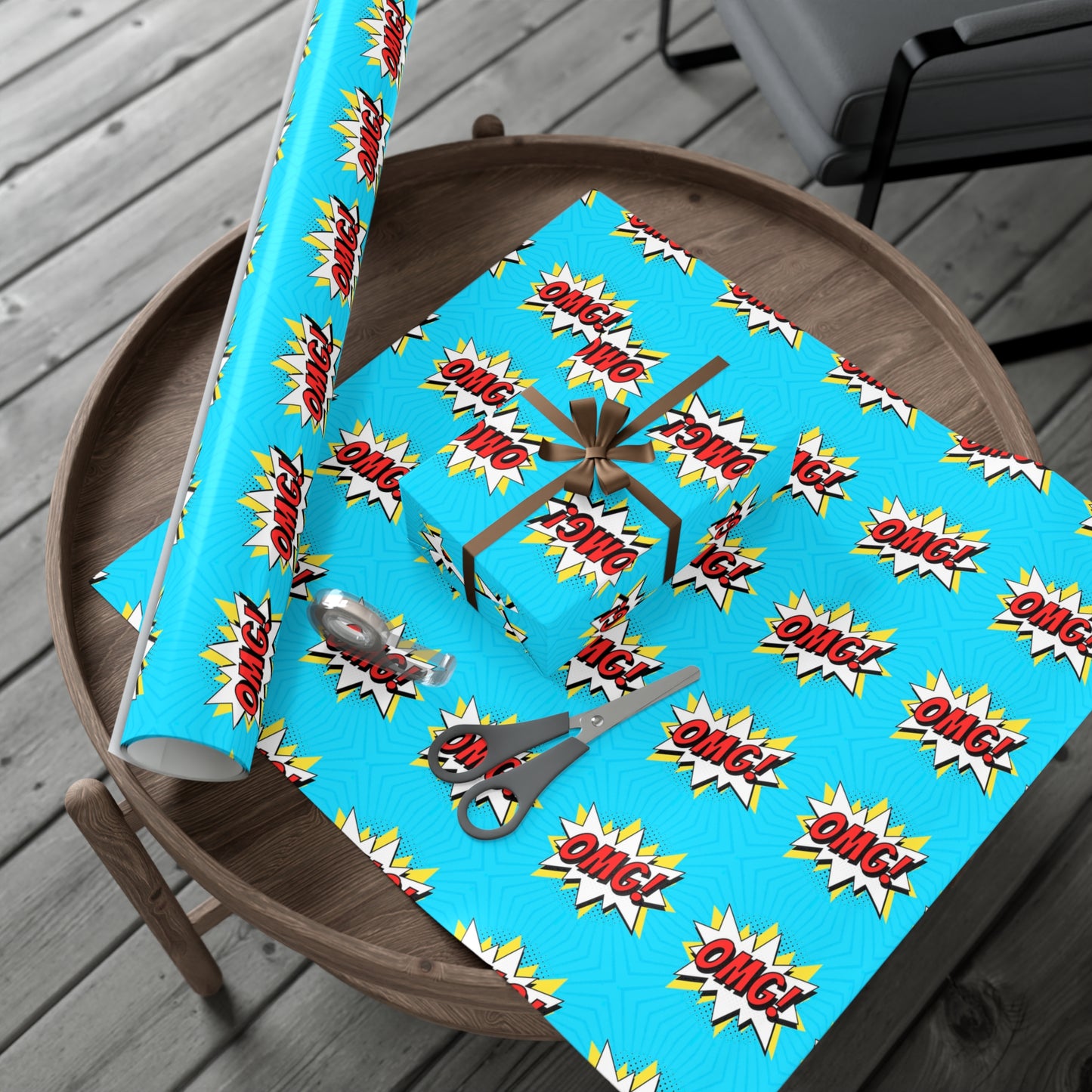Retro Pop Art Wrapping Paper - OMG! Speech Bubble Design on Bright Blue - Unique Cartoon-Style Gift Wrap