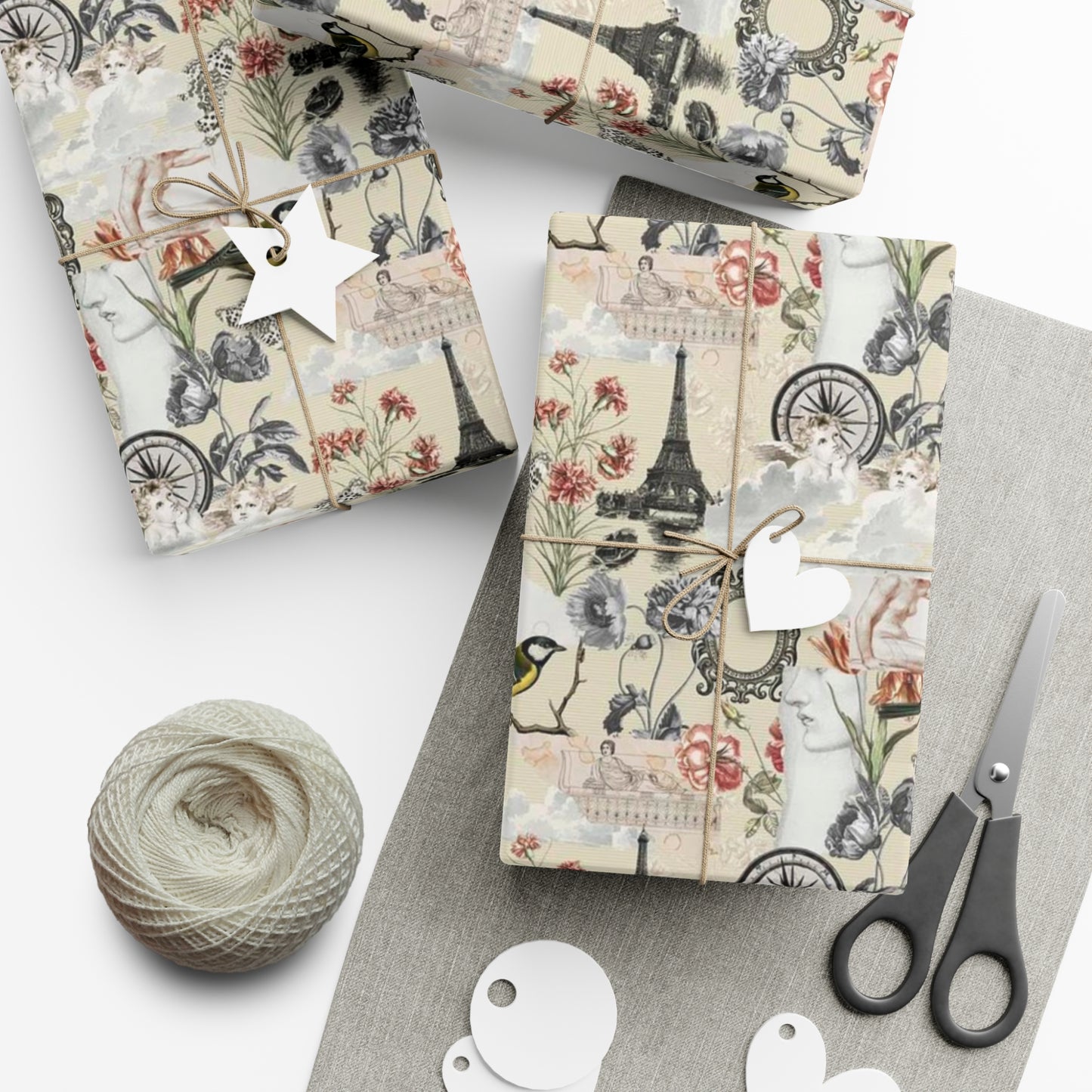 Vintage Antique Floral and Eiffel Tower Wrapping Paper - Retro Bird and Flower Pattern for Scrapbooking and Nostalgic Gifts