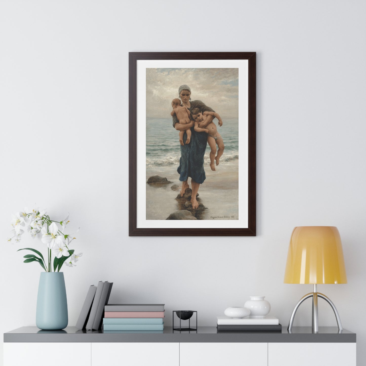 Mother's Day Gift, Framed Poster of Fisherman's Wife Bathing Her Children by Virginie Demont Breton, Home Wall Decor, Ready to Gift
