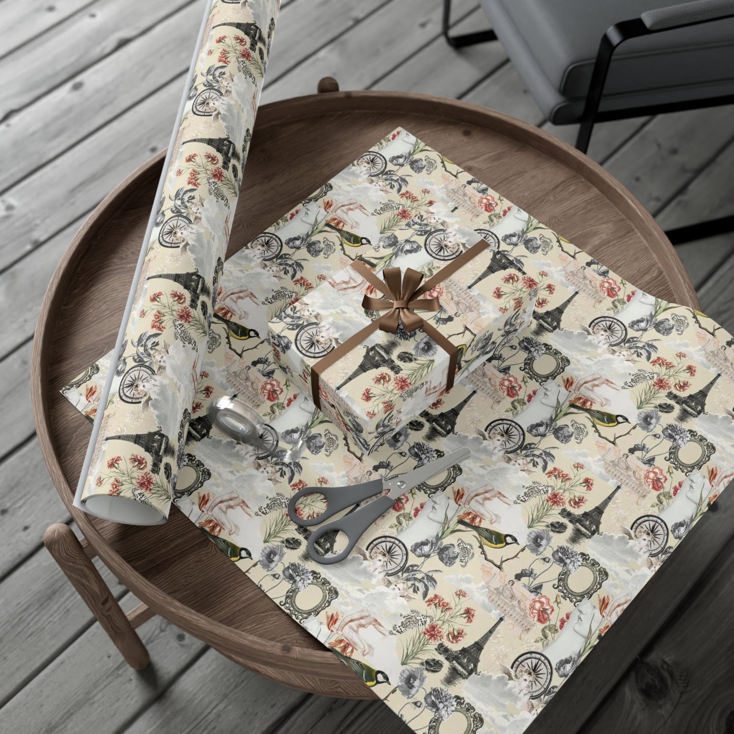 Vintage Antique Floral and Eiffel Tower Wrapping Paper - Retro Bird and Flower Pattern for Scrapbooking and Nostalgic Gifts