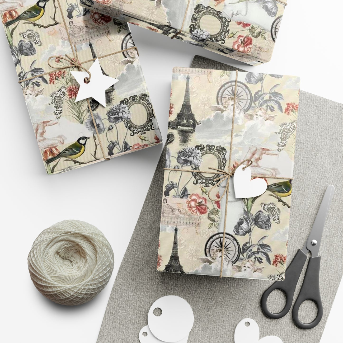 Vintage Antique Floral and Eiffel Tower Wrapping Paper - Retro Bird and Flower Pattern for Scrapbooking and Nostalgic Gifts