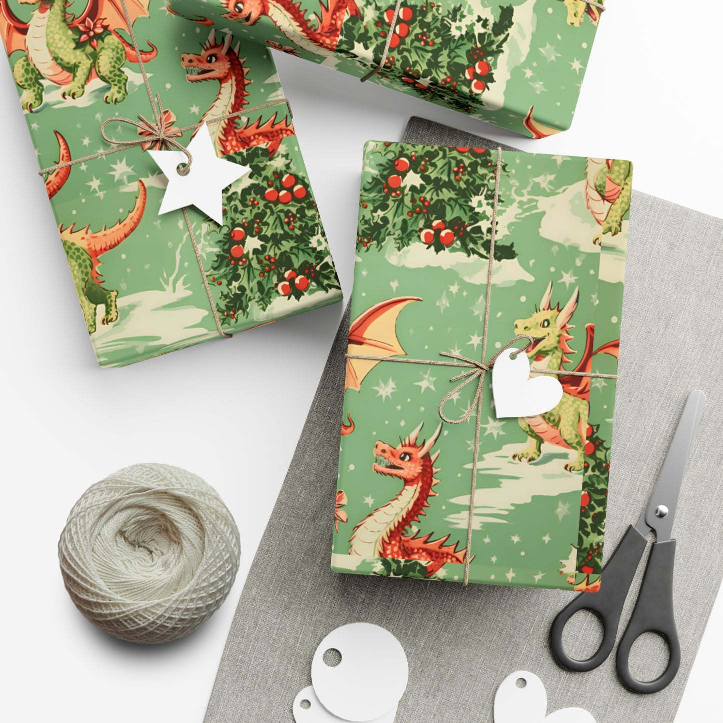 Christmas Gift Wrapping Papers - Green Dragons for 2024 - Eco-Friendly