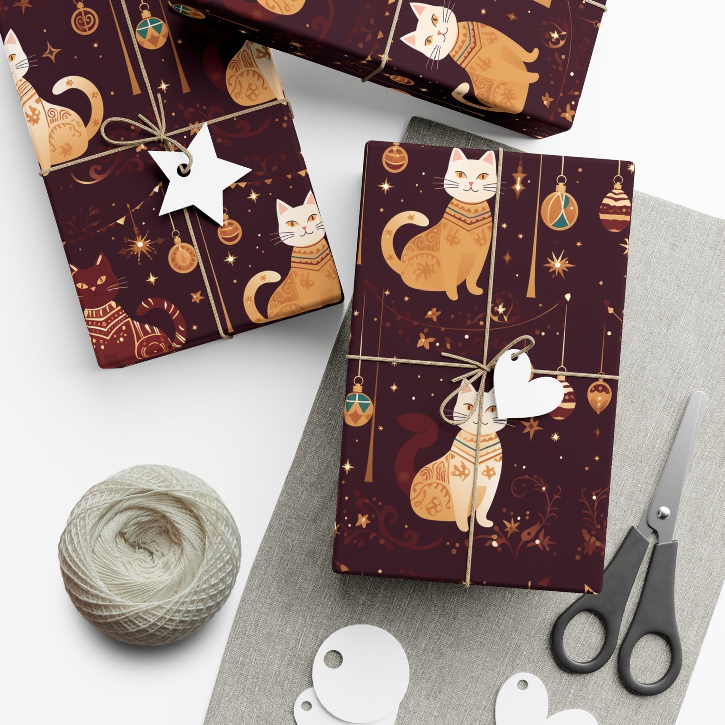 Elegant Cat Christmas Wrapping Paper - Golden Ornaments on Maroon - Luxury Festive Gift Wrap for Christmas, New Year, Chinese New Year