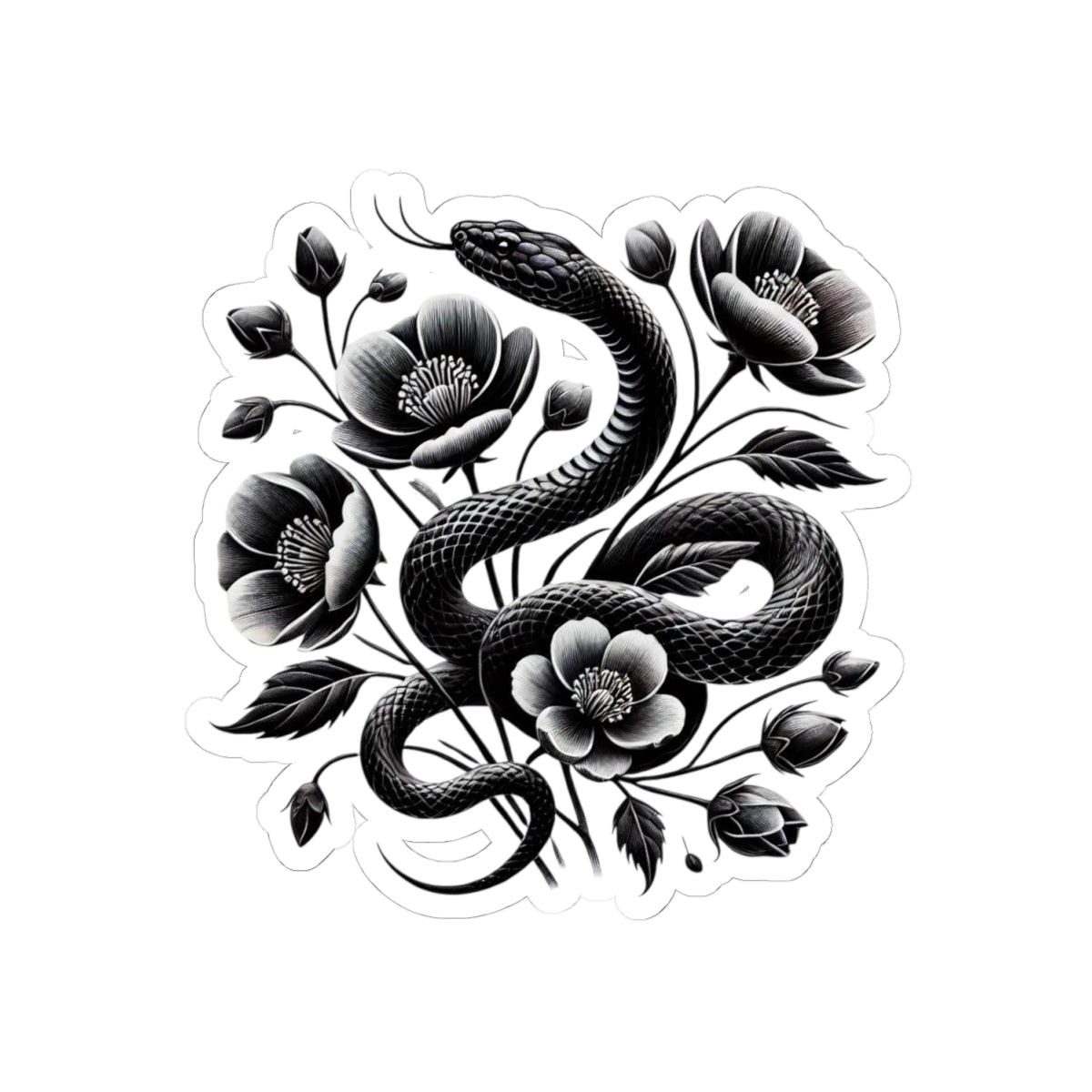 Black Snake with Blooming Flowers Sticker, Perfect Gift for 2025 Year of the Snake | Gothic & Chic Decal Decor