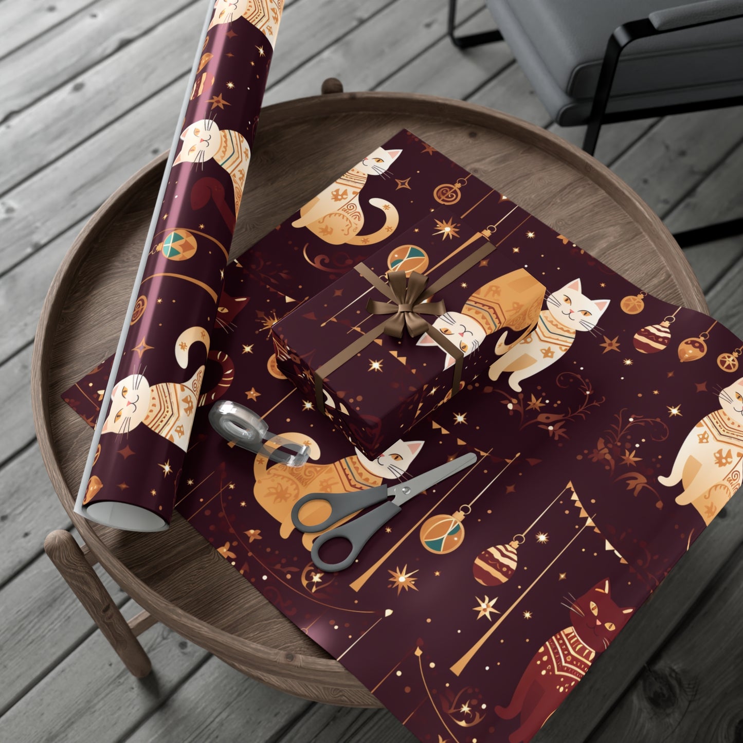 Elegant Cat Christmas Wrapping Paper - Golden Ornaments on Maroon - Luxury Festive Gift Wrap for Christmas, New Year, Chinese New Year