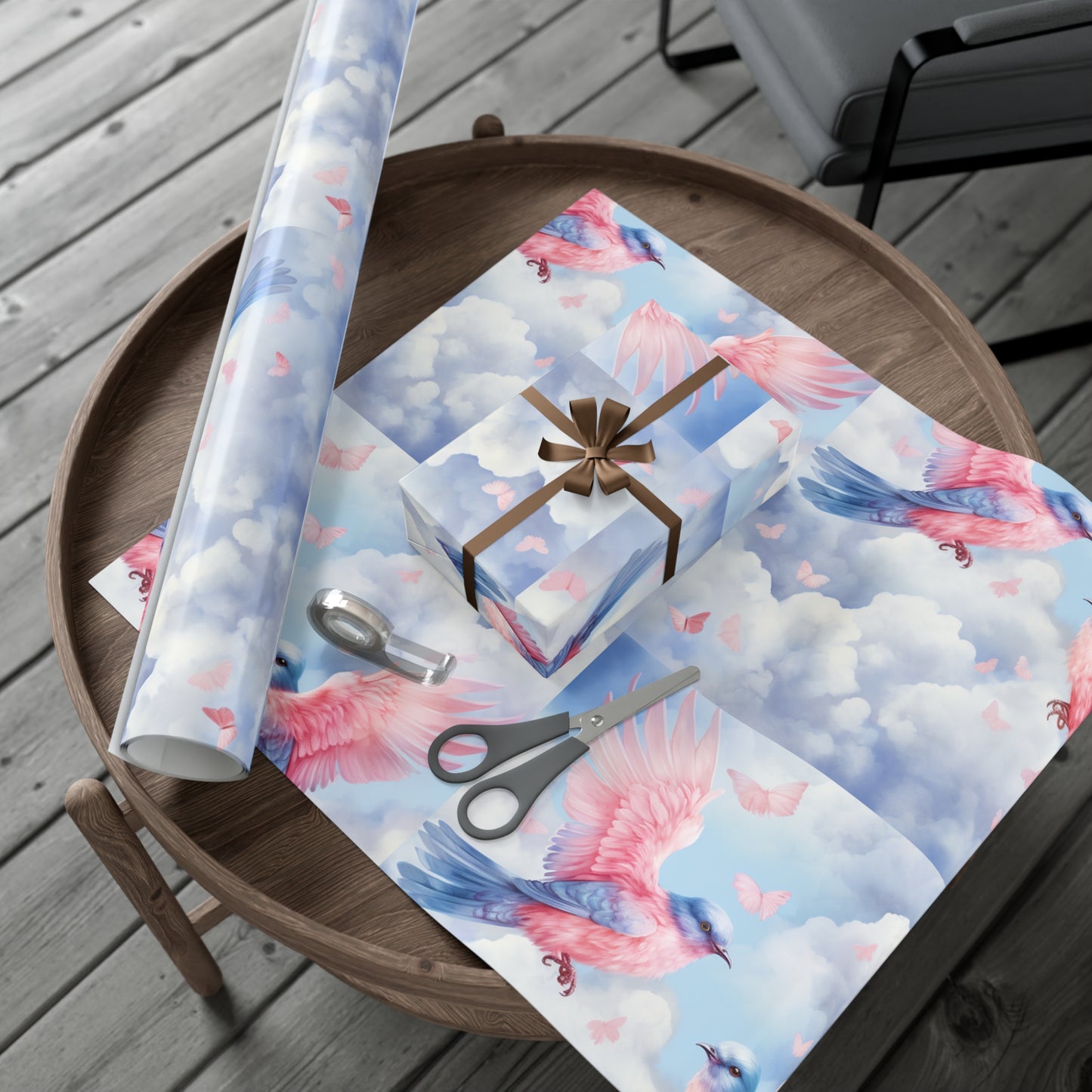 Gift Wrapping Paper of Love Birds, Sky Blue and Clouds with Butterflies, Tender Pastel Wrap for Birthdays, Valentine's, All Occasions