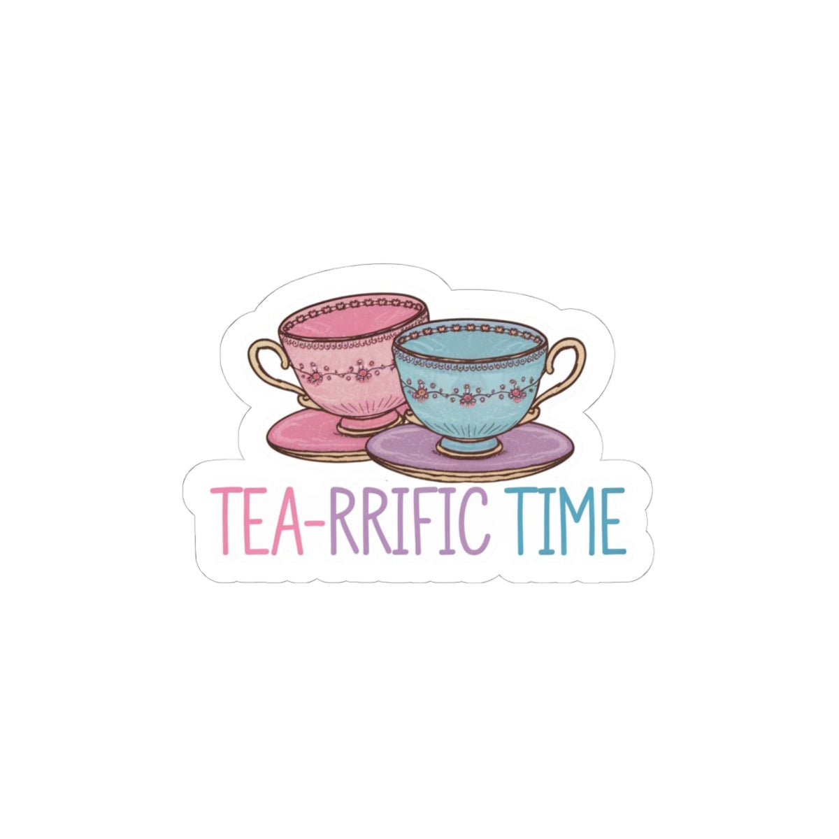Tea Cups Kiss Cut Stickers, Tea-rrific Time Vinyl Sticker, Cute Pretty Tea Cups Decal, Pink Purple Blue Colors, Tea Lover Gift, Laptop