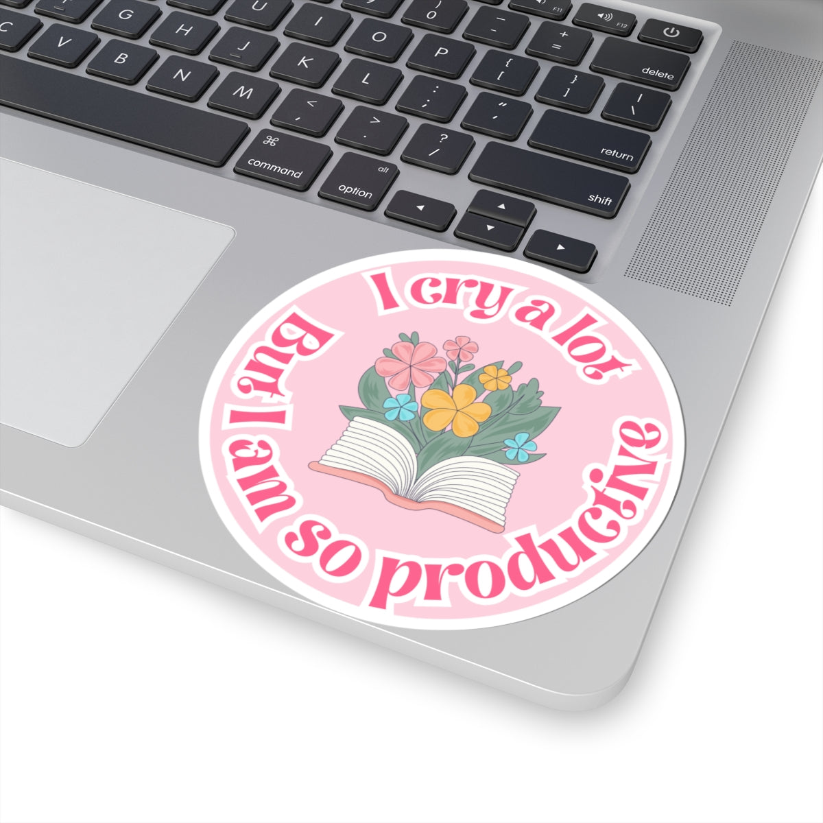 Productive Tears Book Stack Sticker, Soft Pink Vinyl Decal with Flowers, Perfect for School & University Supplies