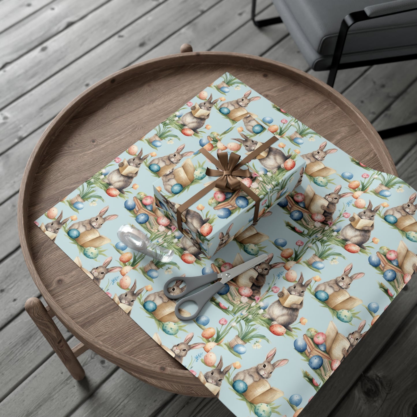 Adorable Easter Bunny Booklover Wrapping Paper - Soft Sky Blue with Colorful Eggs - Ideal for Easter, Baby Showers and Bunny Rabbit Lovers