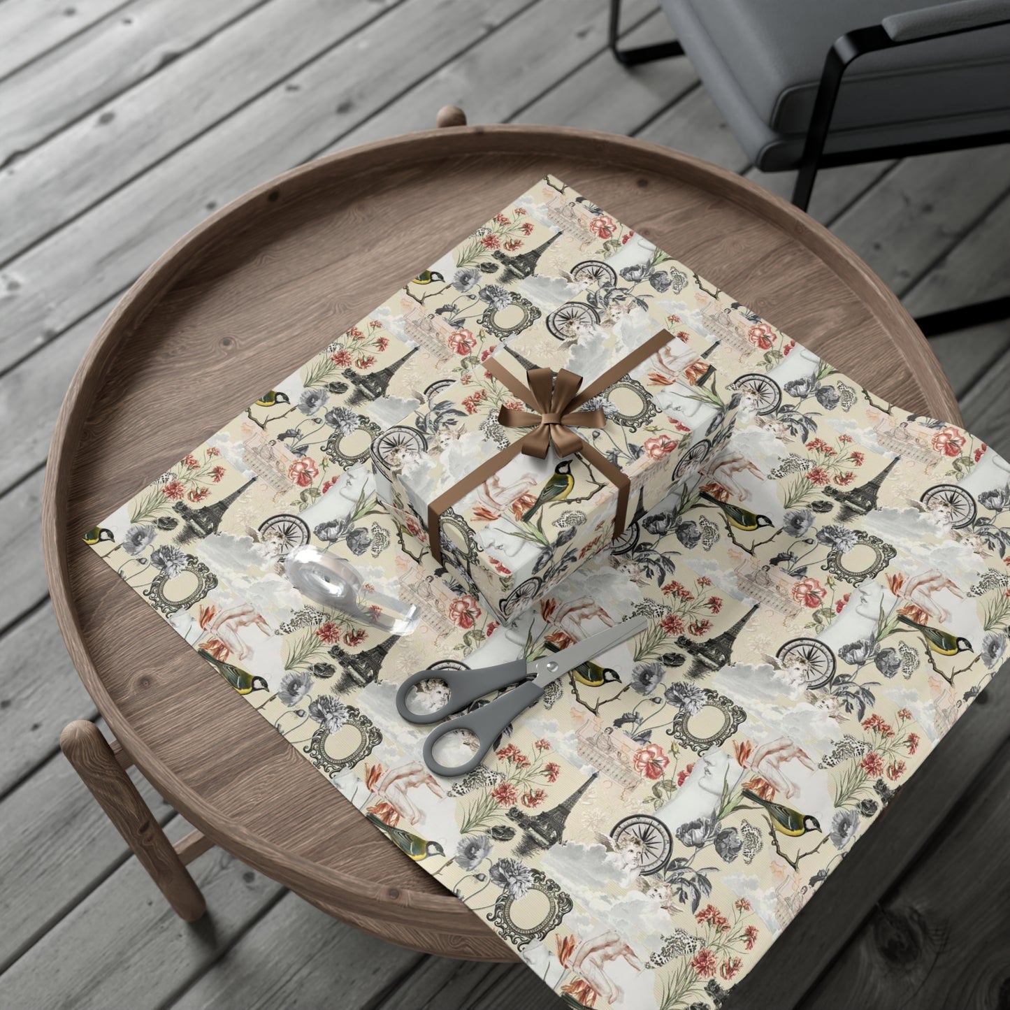Vintage Antique Floral and Eiffel Tower Wrapping Paper - Retro Bird and Flower Pattern for Scrapbooking and Nostalgic Gifts
