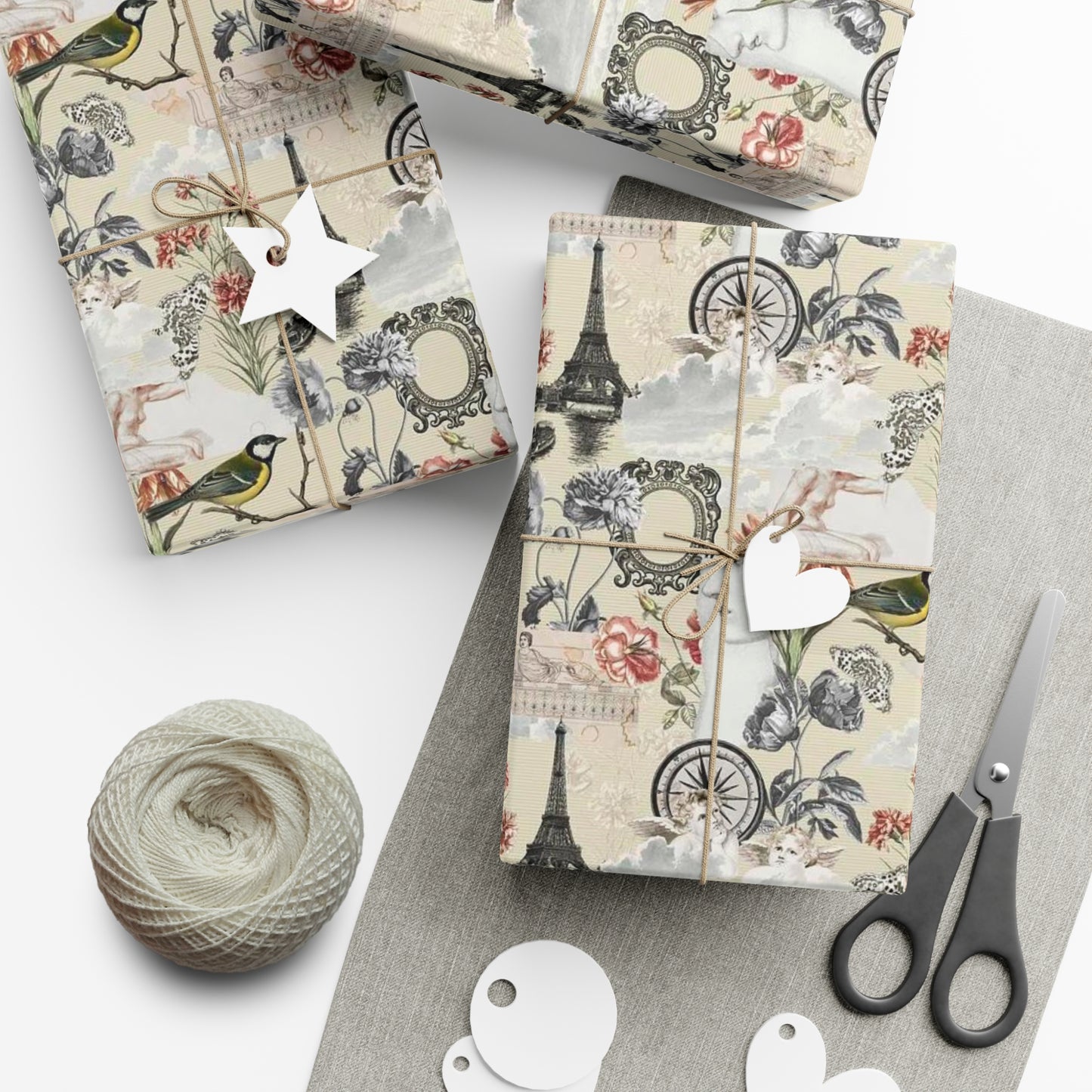 Vintage Antique Floral and Eiffel Tower Wrapping Paper - Retro Bird and Flower Pattern for Scrapbooking and Nostalgic Gifts