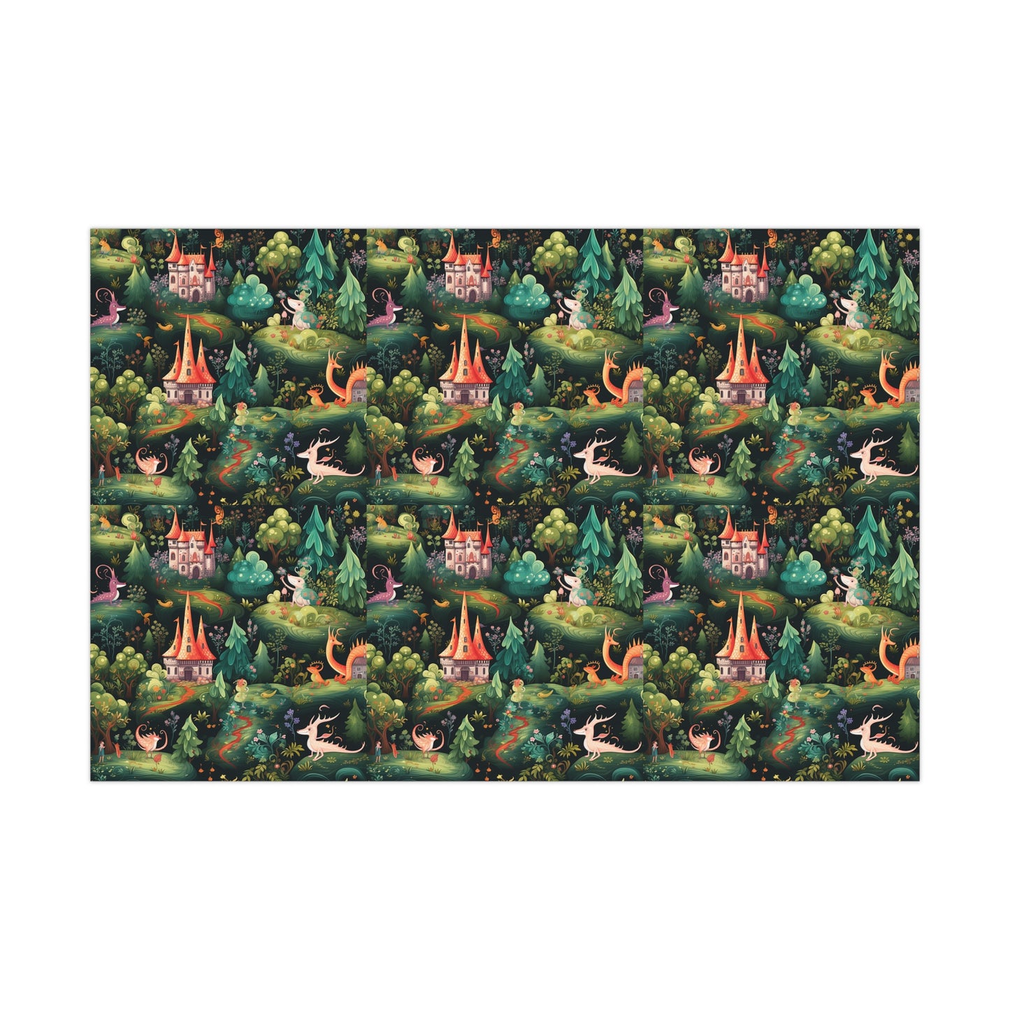 Gift Wrapping Paper illustrating Enchanted Forest and Whimsical Monsters - Magical Castle-Themed Gift Wrap Paper for All Occasions
