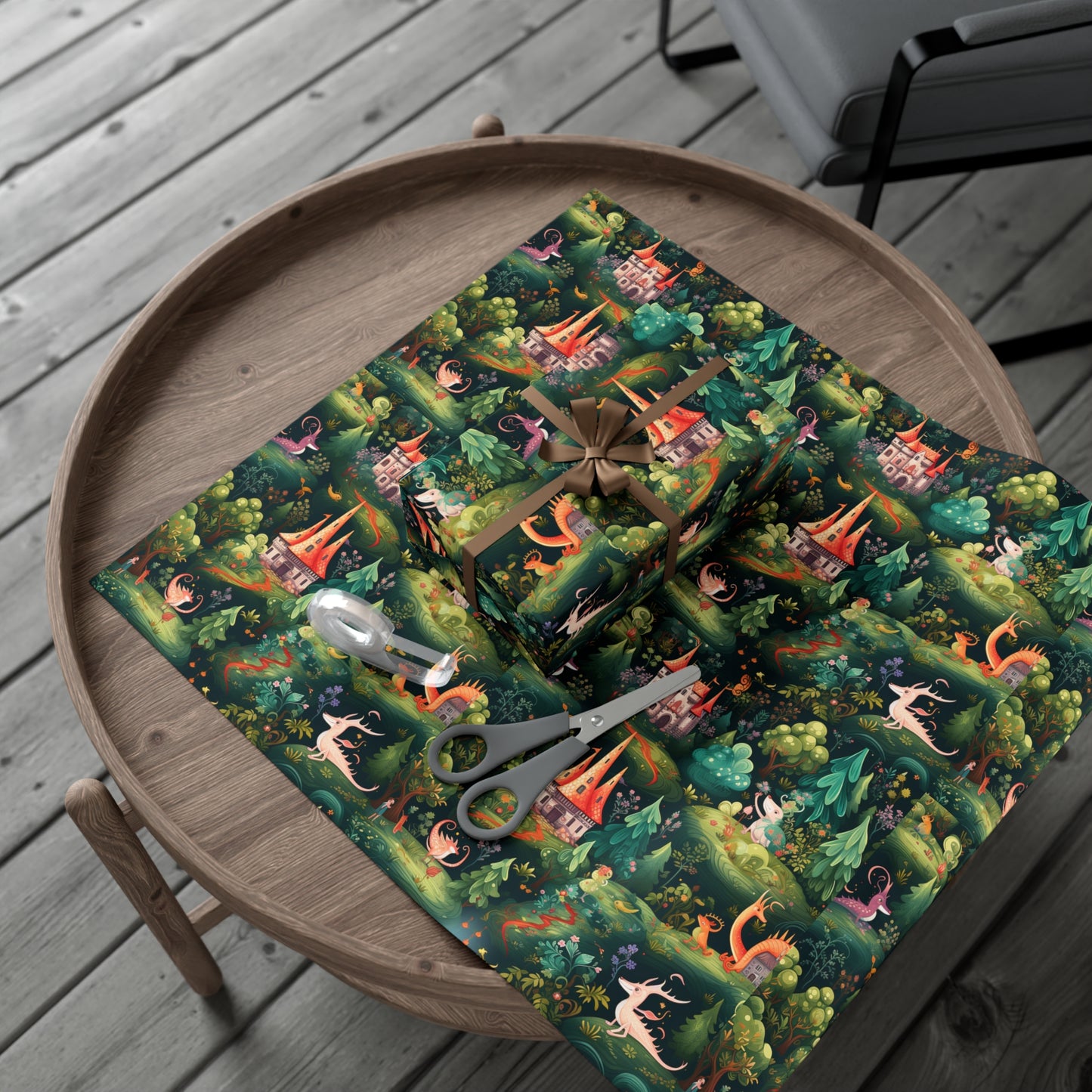 Gift Wrapping Paper illustrating Enchanted Forest and Whimsical Monsters - Magical Castle-Themed Gift Wrap Paper for All Occasions