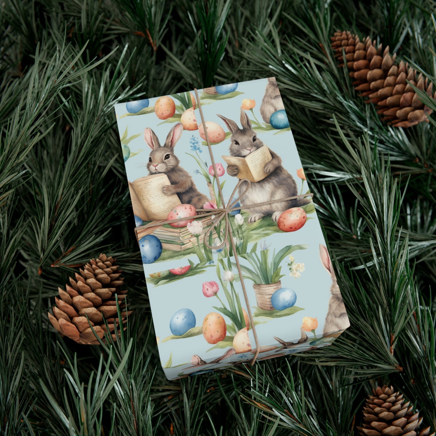 Adorable Easter Bunny Booklover Wrapping Paper - Soft Sky Blue with Colorful Eggs - Ideal for Easter, Baby Showers and Bunny Rabbit Lovers