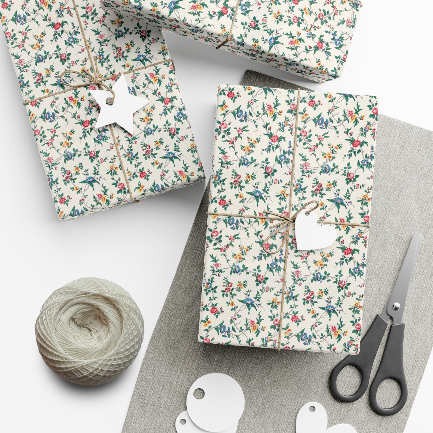 Elegant wildflower gift wrap in soft beige with delicate floral design, eco-friendly wrapping paper for birthdays, weddings, and special occasions.