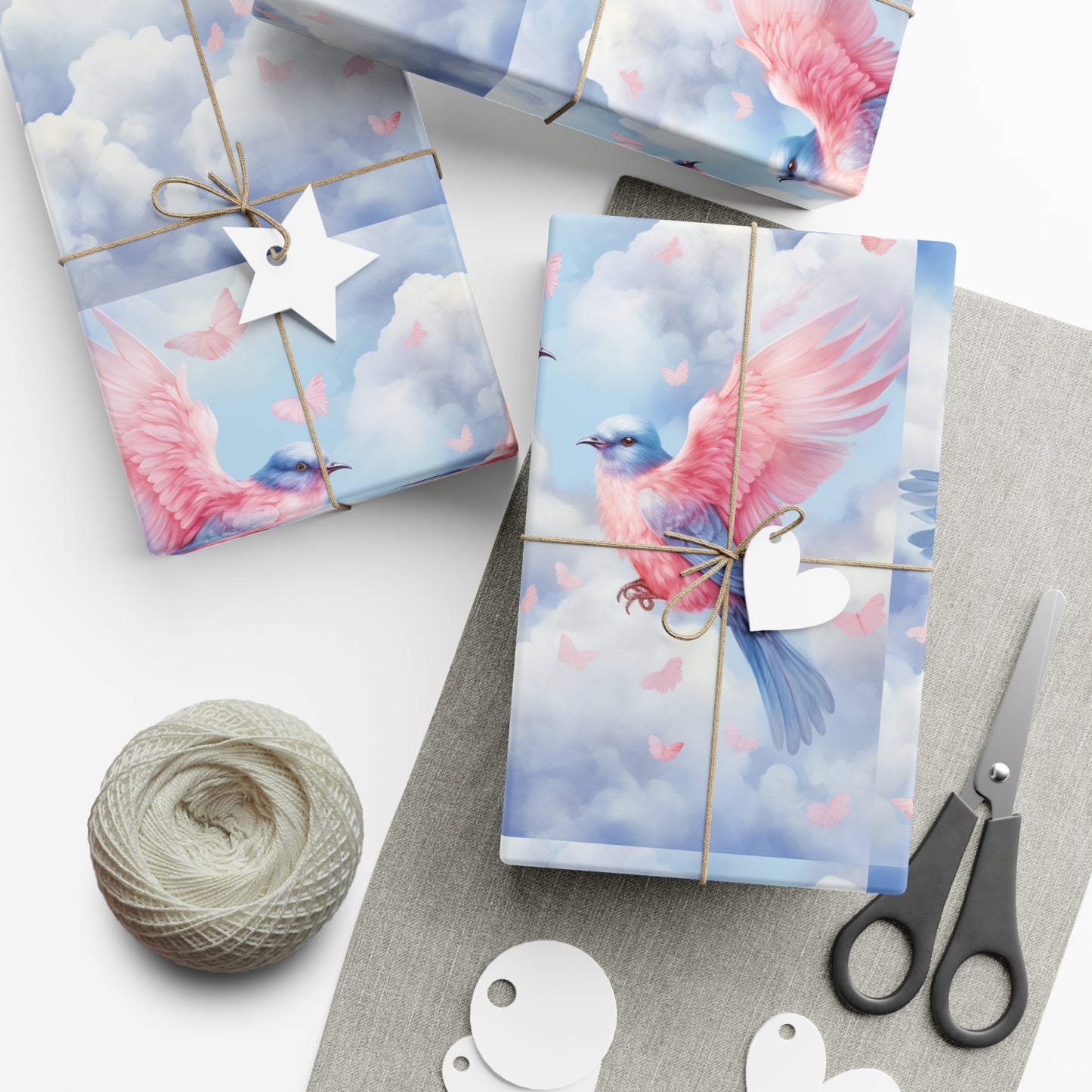 Gift Wrapping Paper of Love Birds, Sky Blue and Clouds with Butterflies, Tender Pastel Wrap for Birthdays, Valentine's, All Occasions
