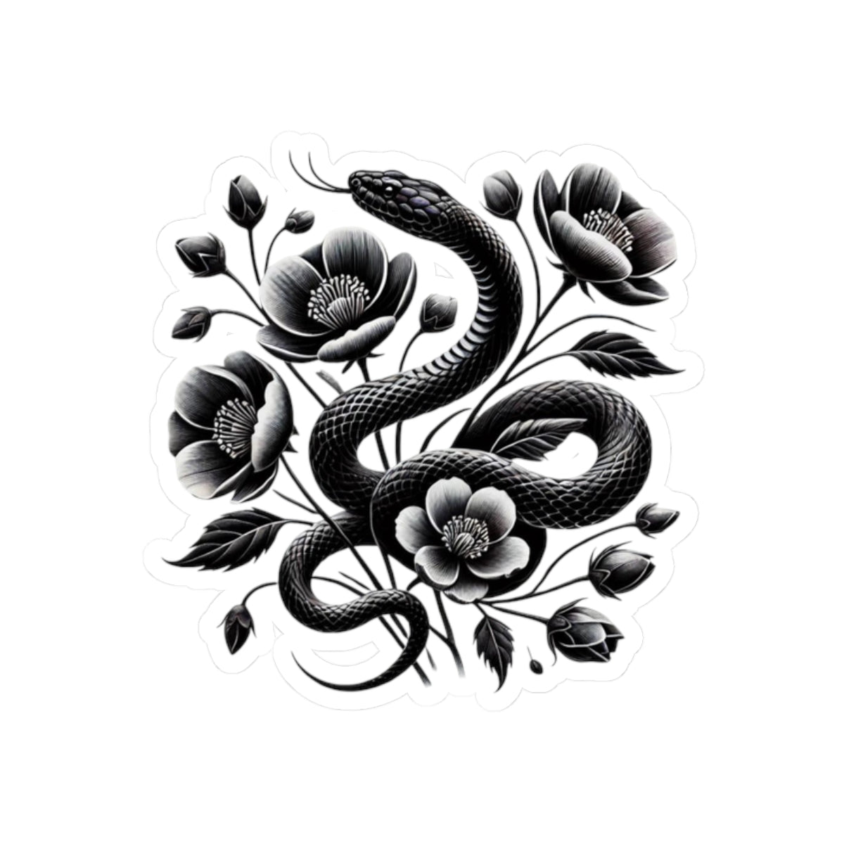 Black Snake with Blooming Flowers Sticker, Perfect Gift for 2025 Year of the Snake | Gothic & Chic Decal Decor