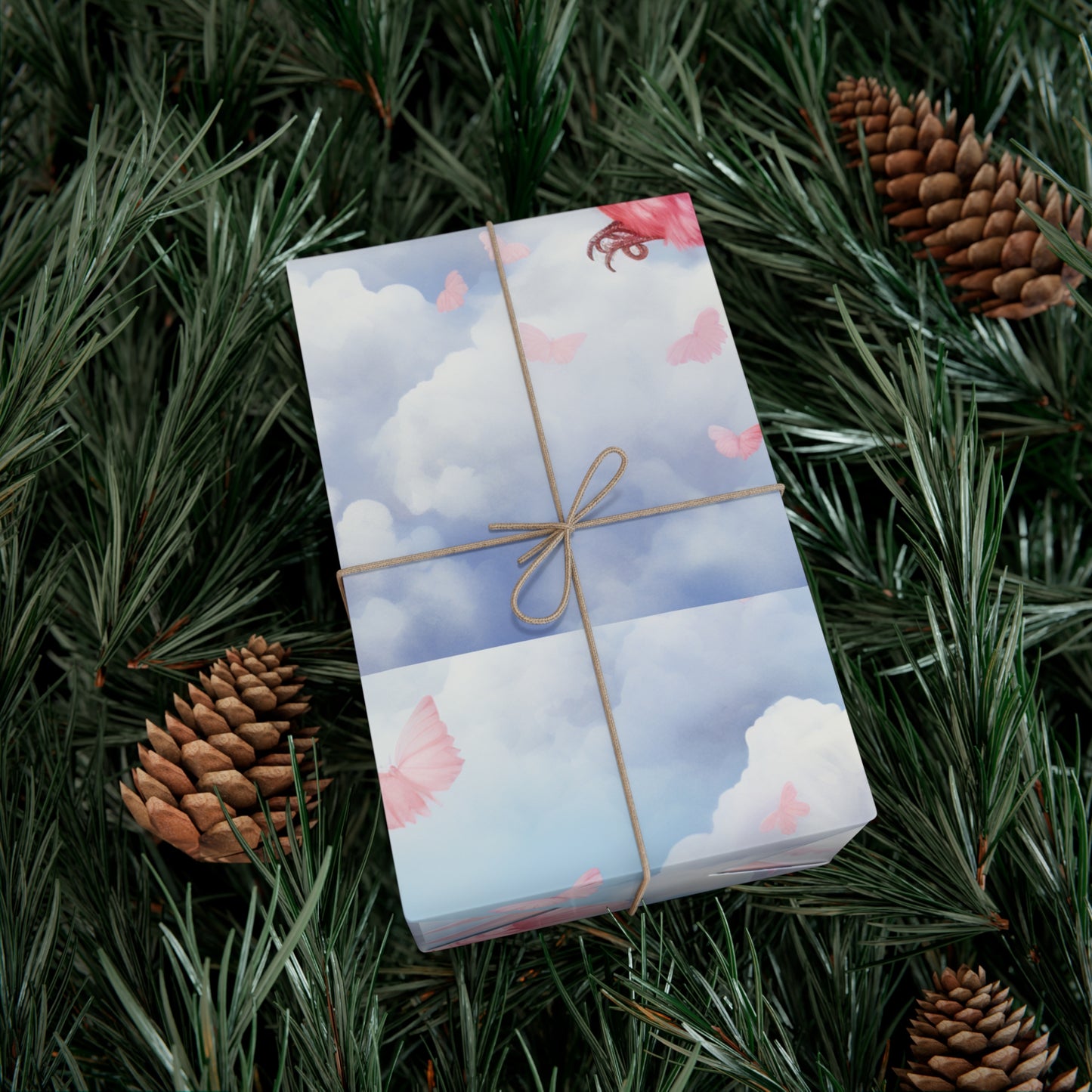 Gift Wrapping Paper of Love Birds, Sky Blue and Clouds with Butterflies, Tender Pastel Wrap for Birthdays, Valentine's, All Occasions