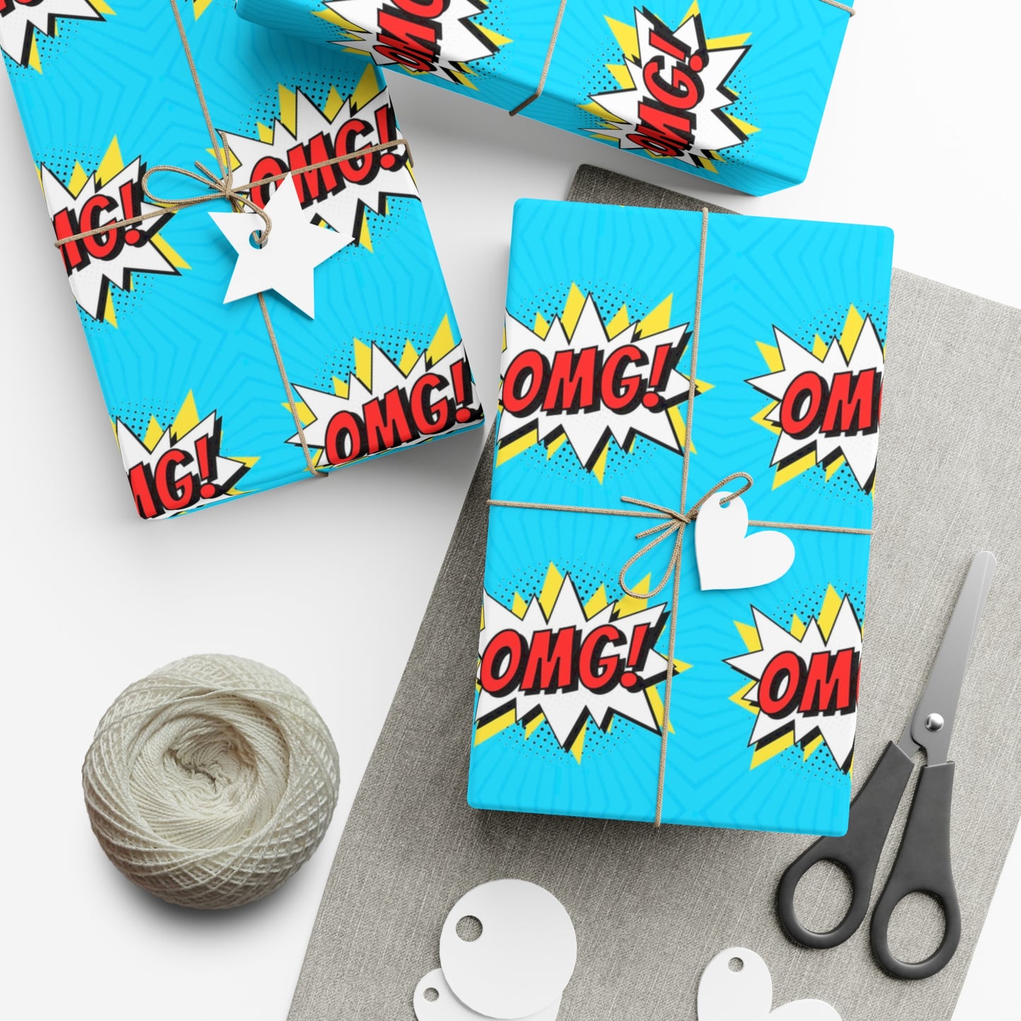 Retro Pop Art Wrapping Paper - OMG! Speech Bubble Design on Bright Blue - Unique Cartoon-Style Gift Wrap