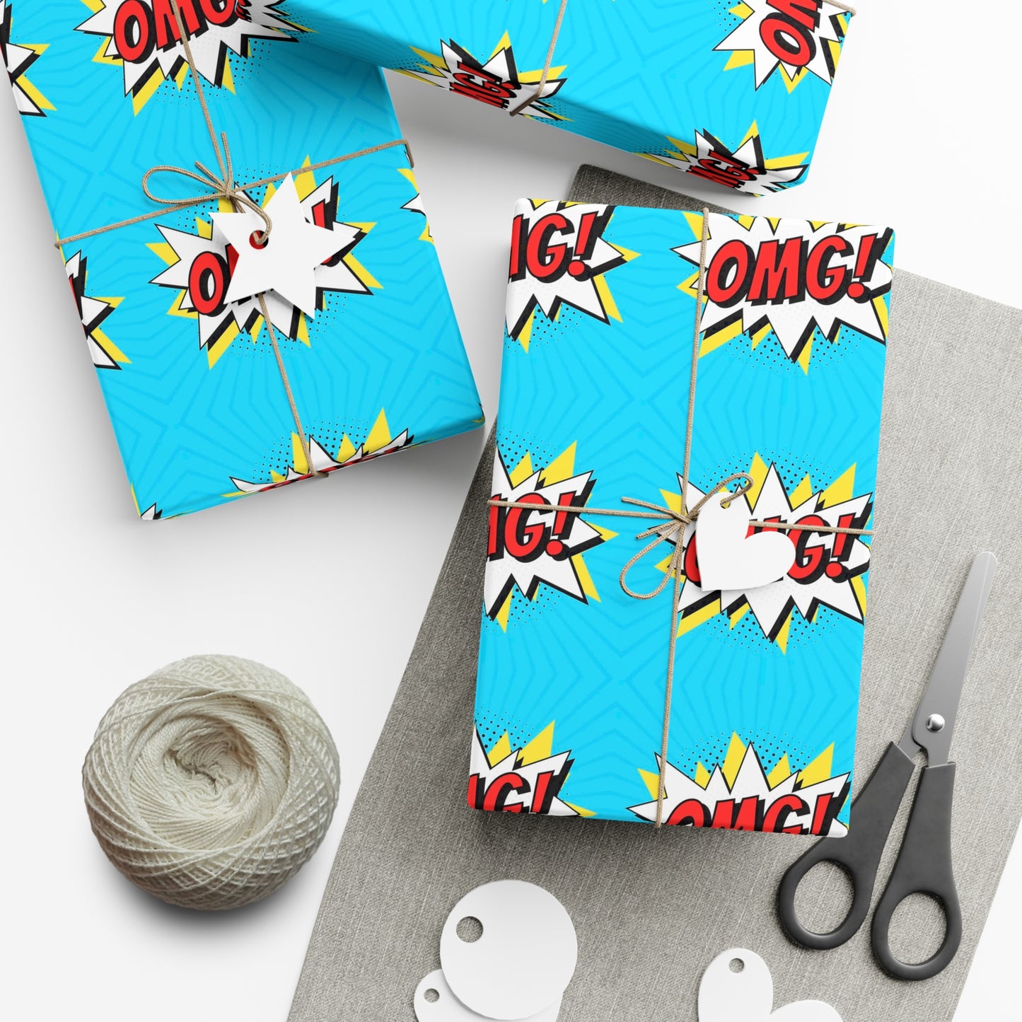 Retro Pop Art Wrapping Paper - OMG! Speech Bubble Design on Bright Blue - Unique Cartoon-Style Gift Wrap