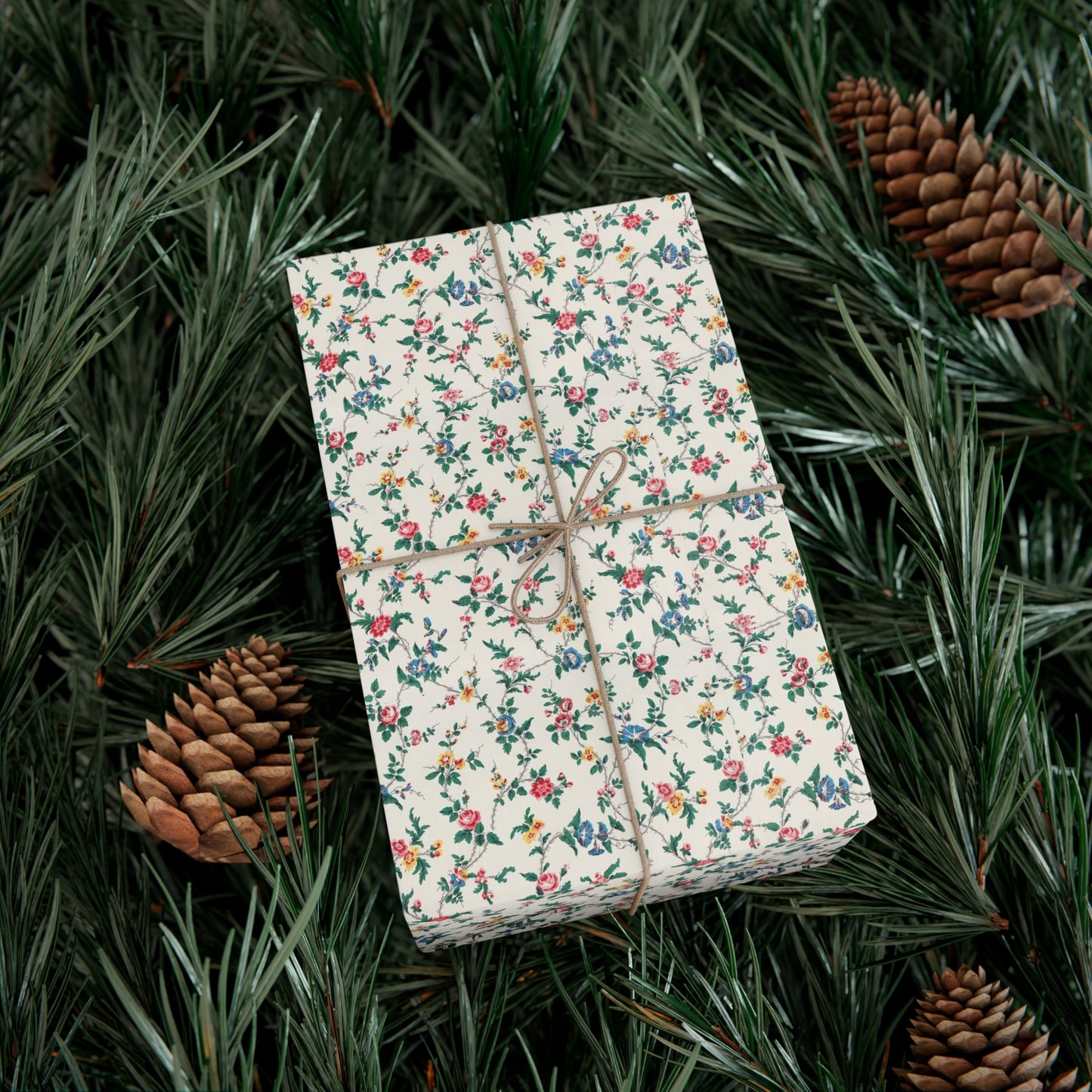 Elegant wildflower gift wrap in soft beige with delicate floral design, eco-friendly wrapping paper for birthdays, weddings, and special occasions.
