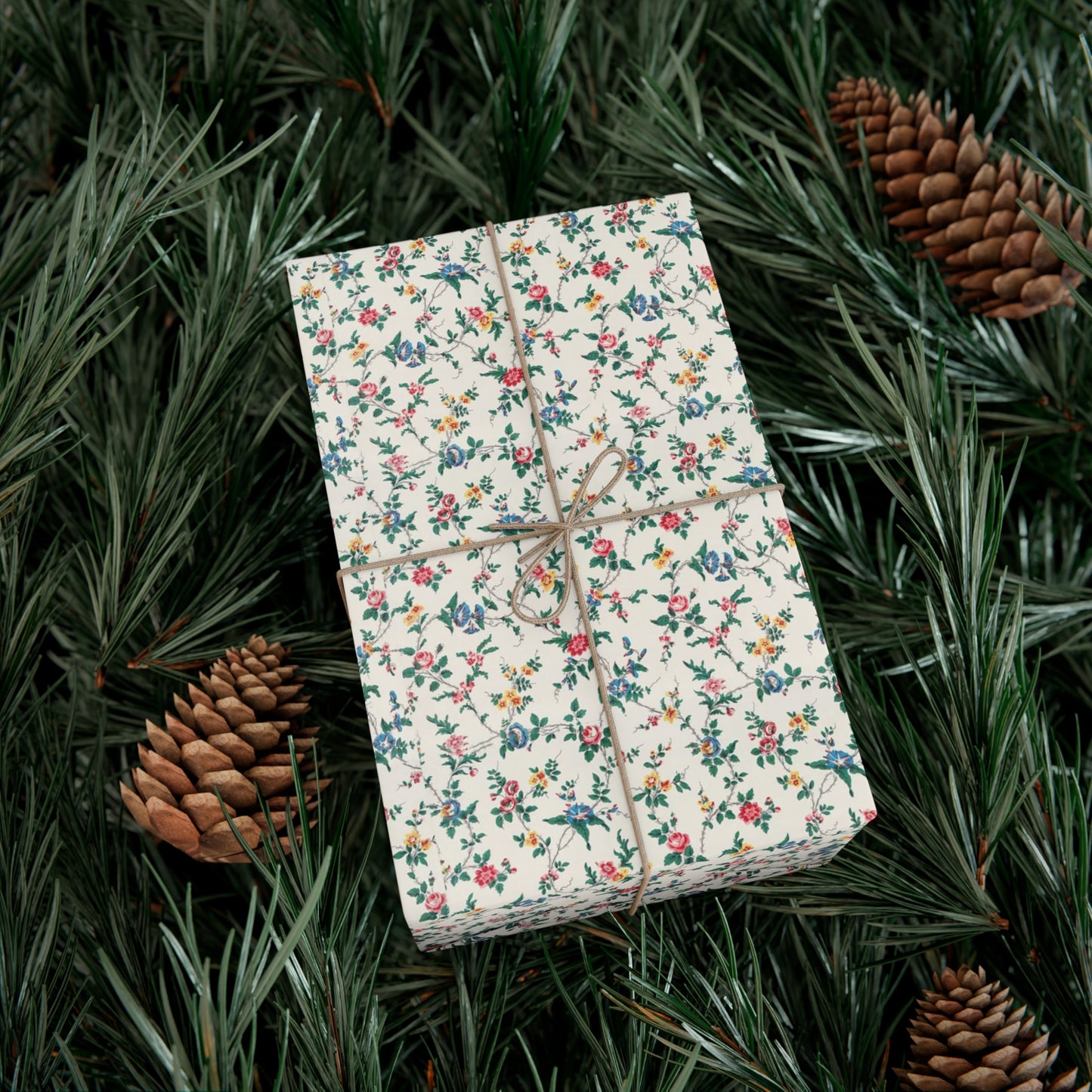 Elegant wildflower gift wrap in soft beige with delicate floral design, eco-friendly wrapping paper for birthdays, weddings, and special occasions.