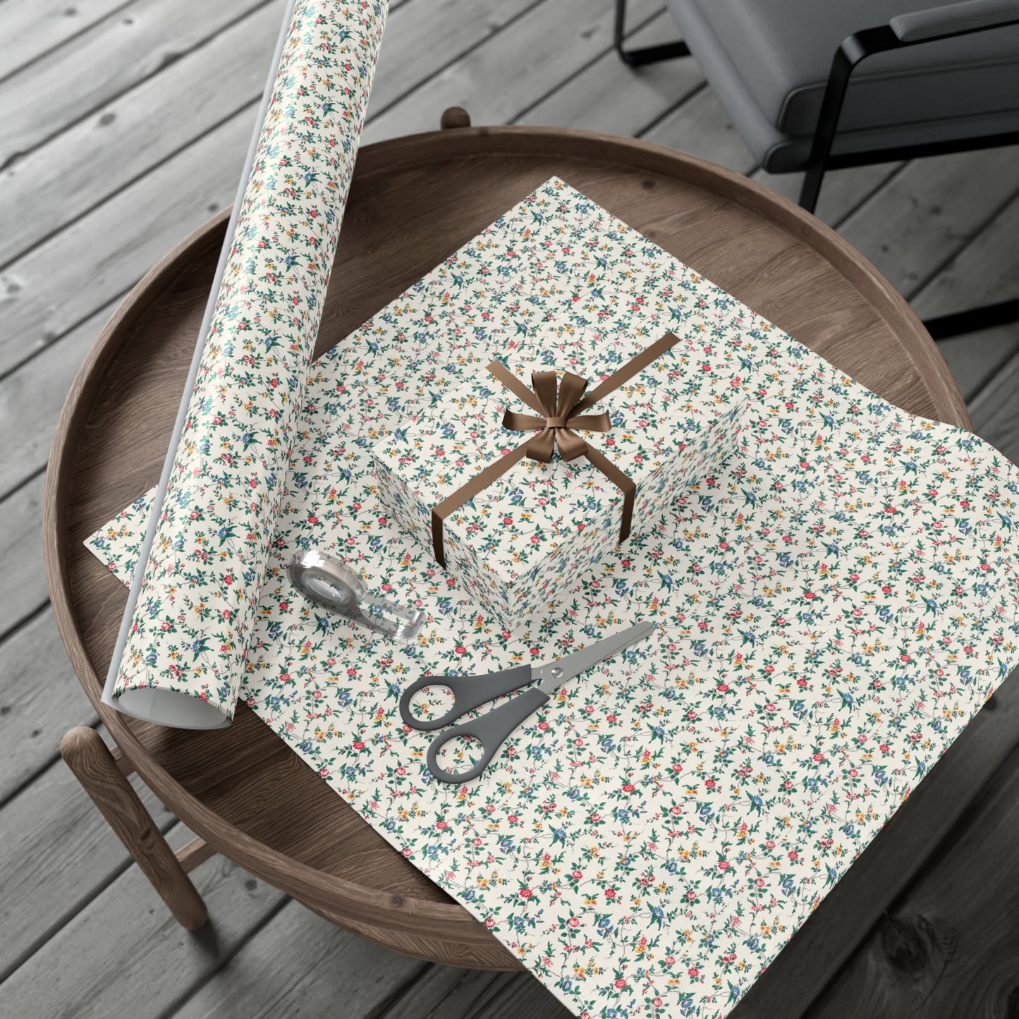Elegant wildflower gift wrap in soft beige with delicate floral design, eco-friendly wrapping paper for birthdays, weddings, and special occasions.
