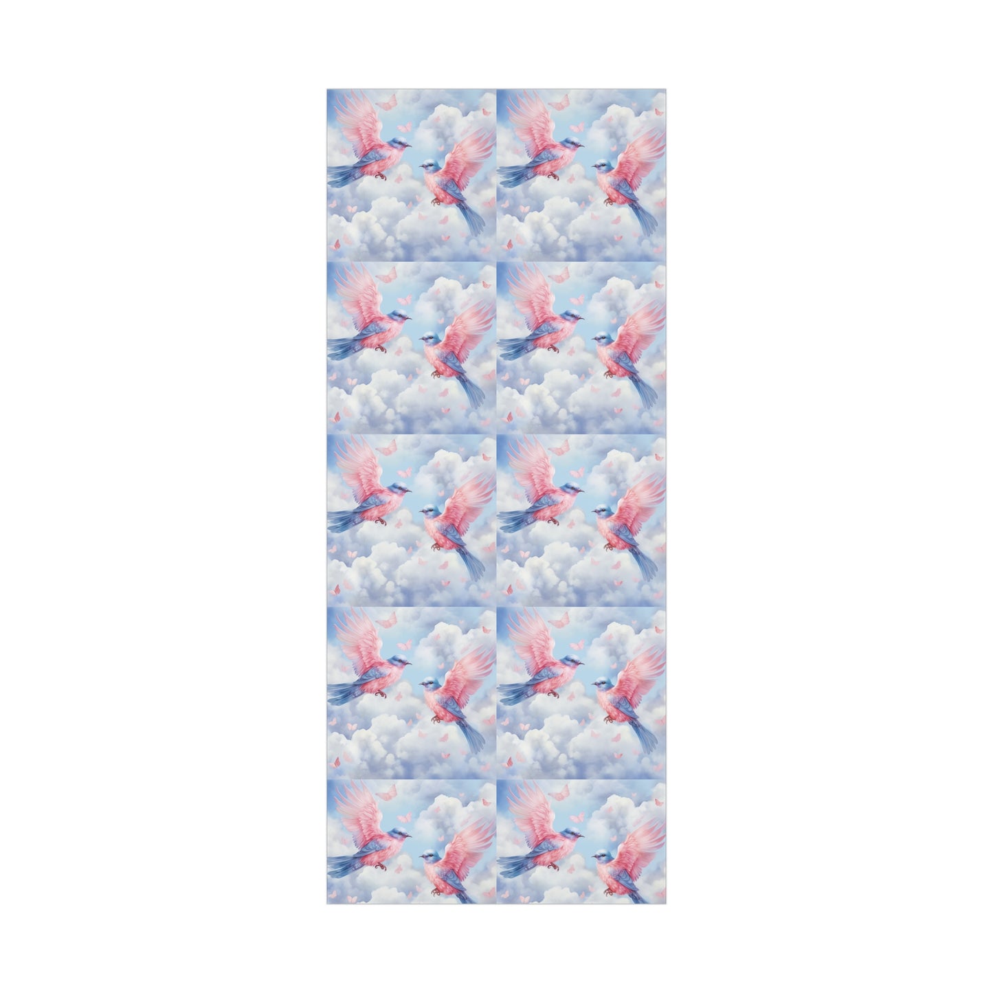 Gift Wrapping Paper of Love Birds, Sky Blue and Clouds with Butterflies, Tender Pastel Wrap for Birthdays, Valentine's, All Occasions