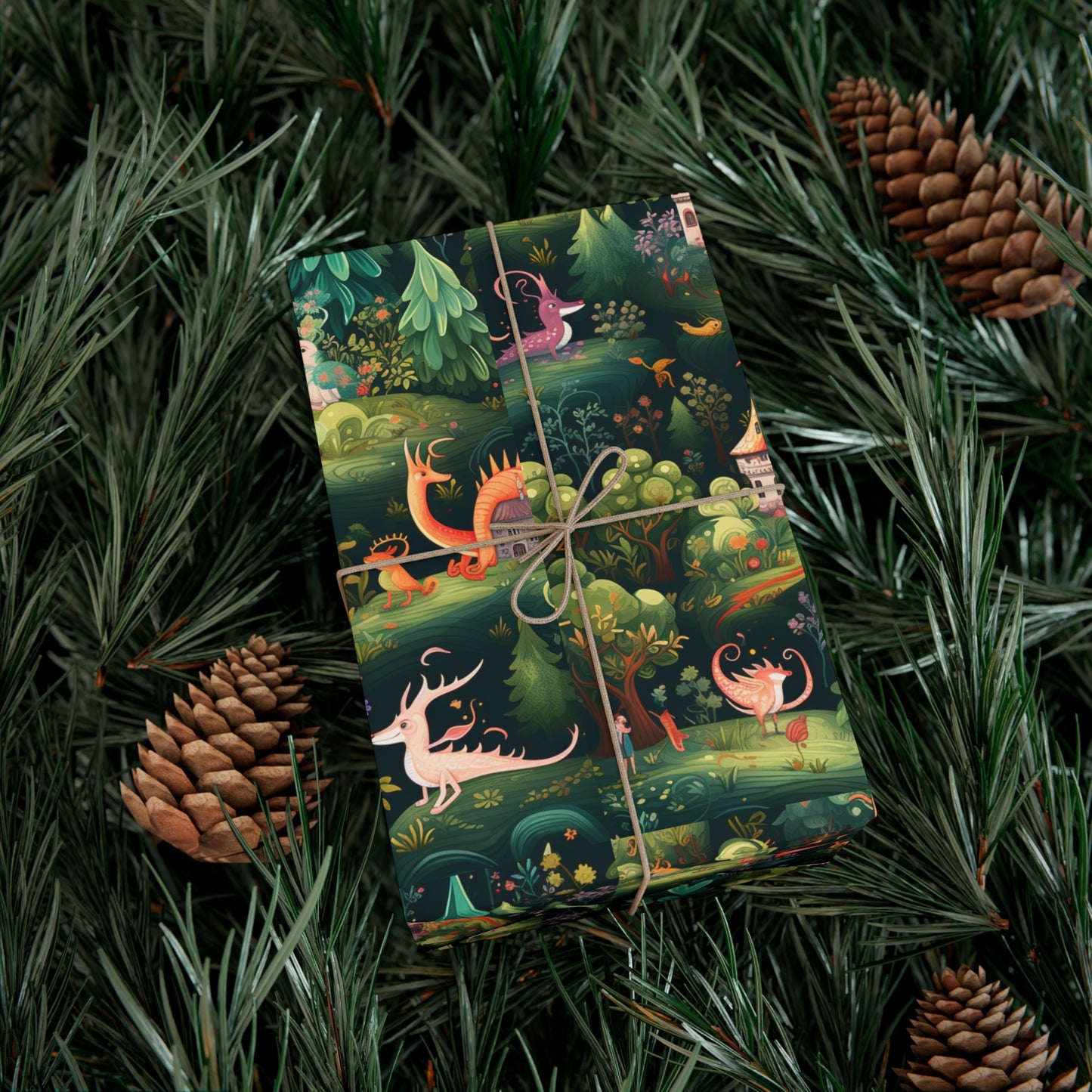 Gift Wrapping Paper illustrating Enchanted Forest and Whimsical Monsters - Magical Castle-Themed Gift Wrap Paper for All Occasions