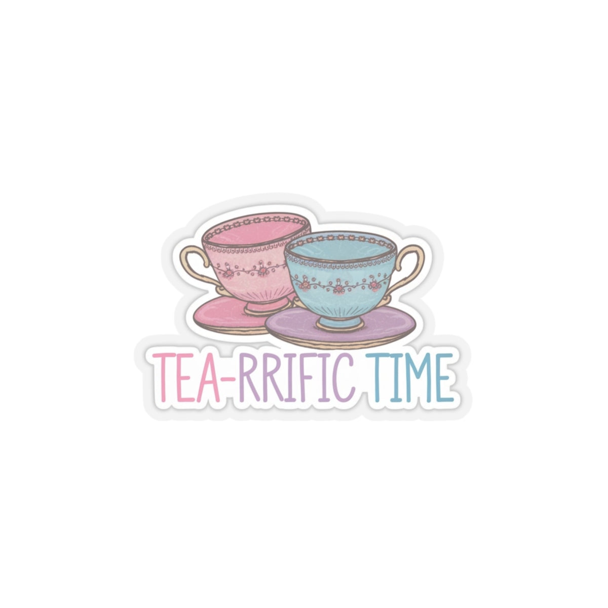 Tea Cups Kiss Cut Stickers, Tea-rrific Time Vinyl Sticker, Cute Pretty Tea Cups Decal, Pink Purple Blue Colors, Tea Lover Gift, Laptop