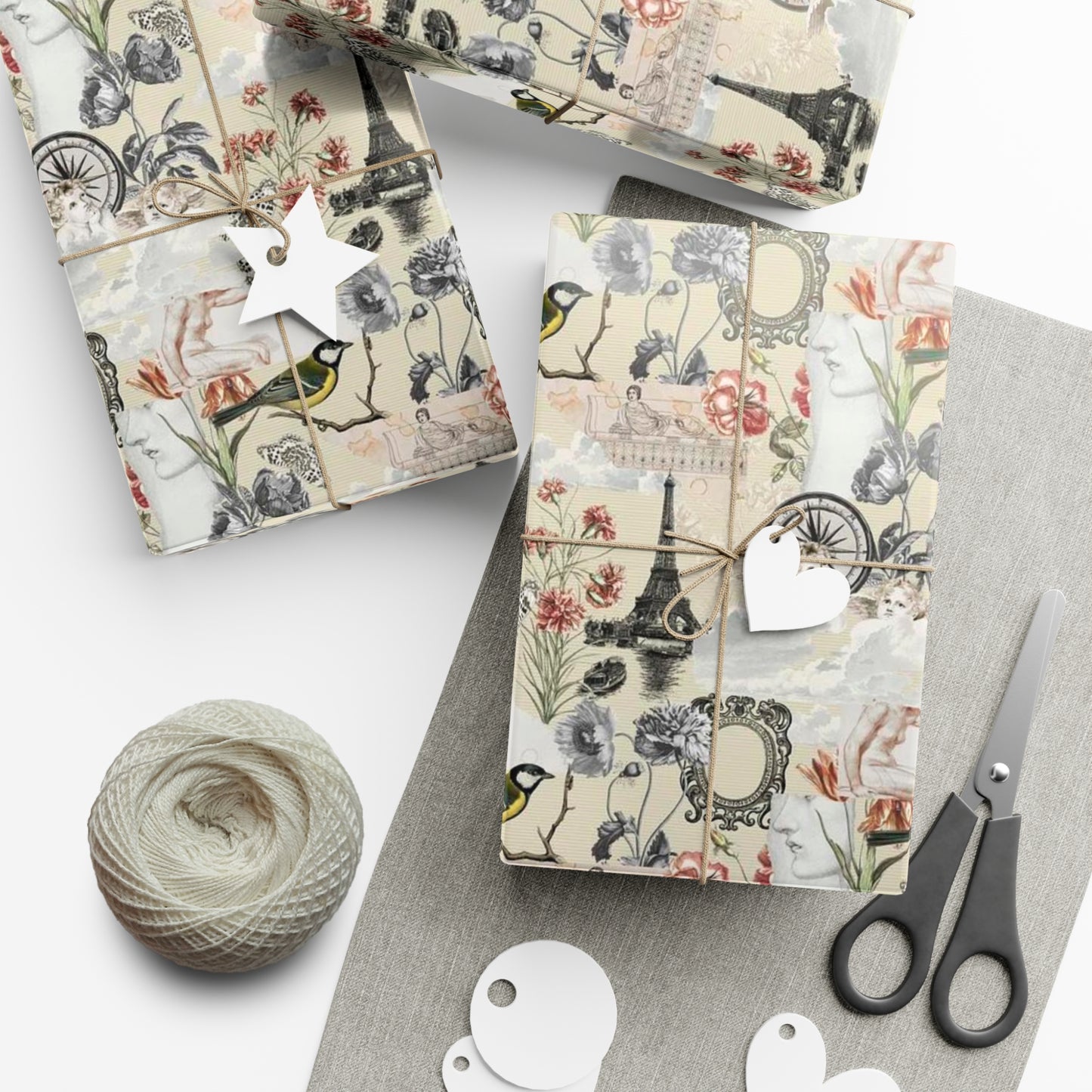 Vintage Antique Floral and Eiffel Tower Wrapping Paper - Retro Bird and Flower Pattern for Scrapbooking and Nostalgic Gifts