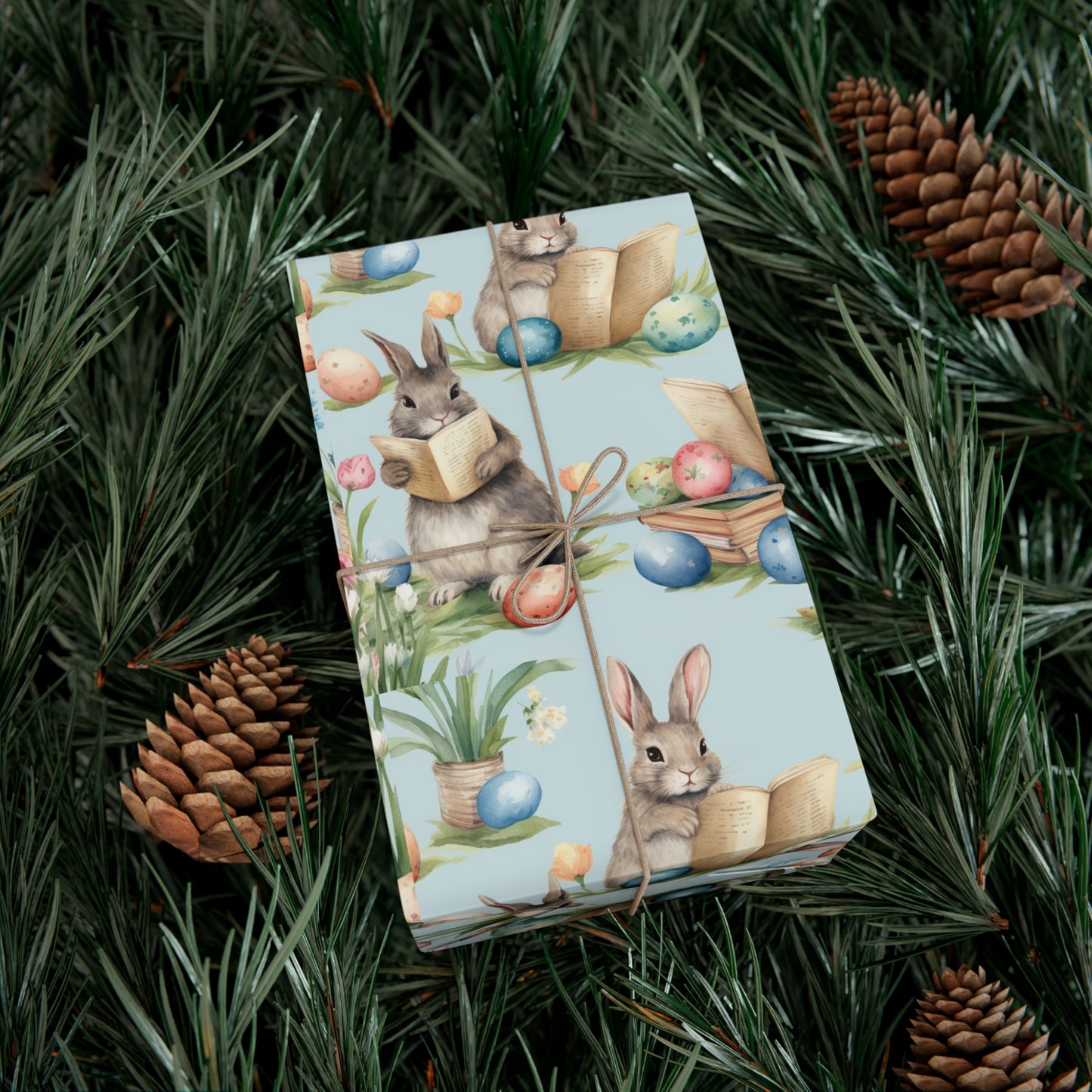 Adorable Easter Bunny Booklover Wrapping Paper - Soft Sky Blue with Colorful Eggs - Ideal for Easter, Baby Showers and Bunny Rabbit Lovers
