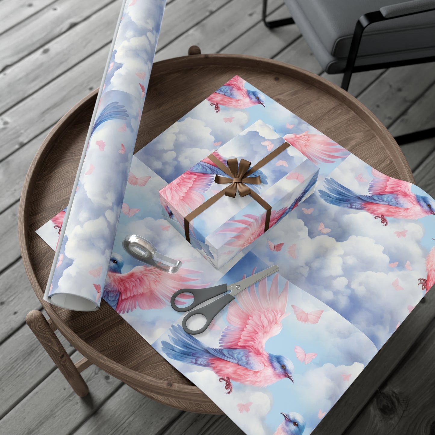 Gift Wrapping Paper of Love Birds, Sky Blue and Clouds with Butterflies, Tender Pastel Wrap for Birthdays, Valentine's, All Occasions