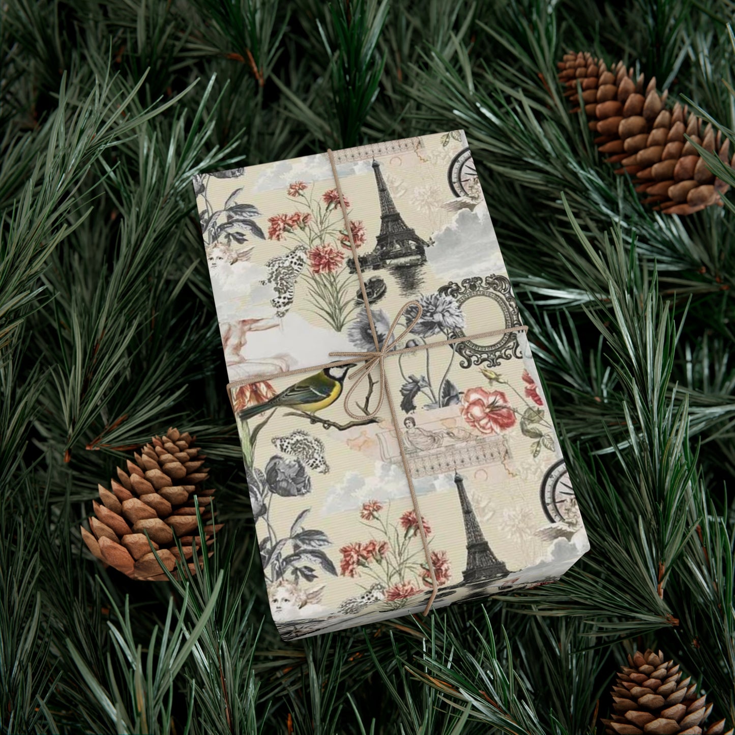 Vintage Antique Floral and Eiffel Tower Wrapping Paper - Retro Bird and Flower Pattern for Scrapbooking and Nostalgic Gifts