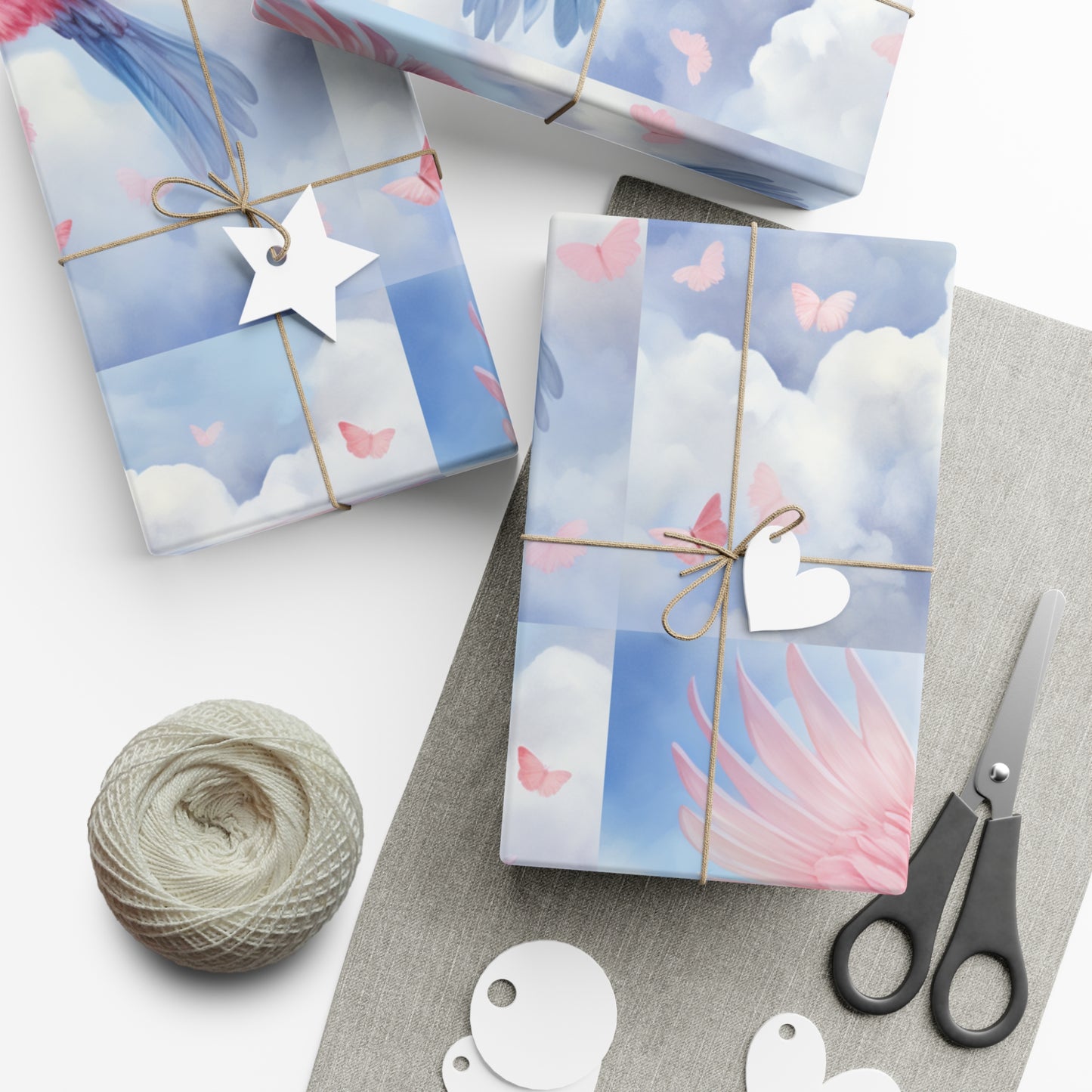 Gift Wrapping Paper of Love Birds, Sky Blue and Clouds with Butterflies, Tender Pastel Wrap for Birthdays, Valentine's, All Occasions