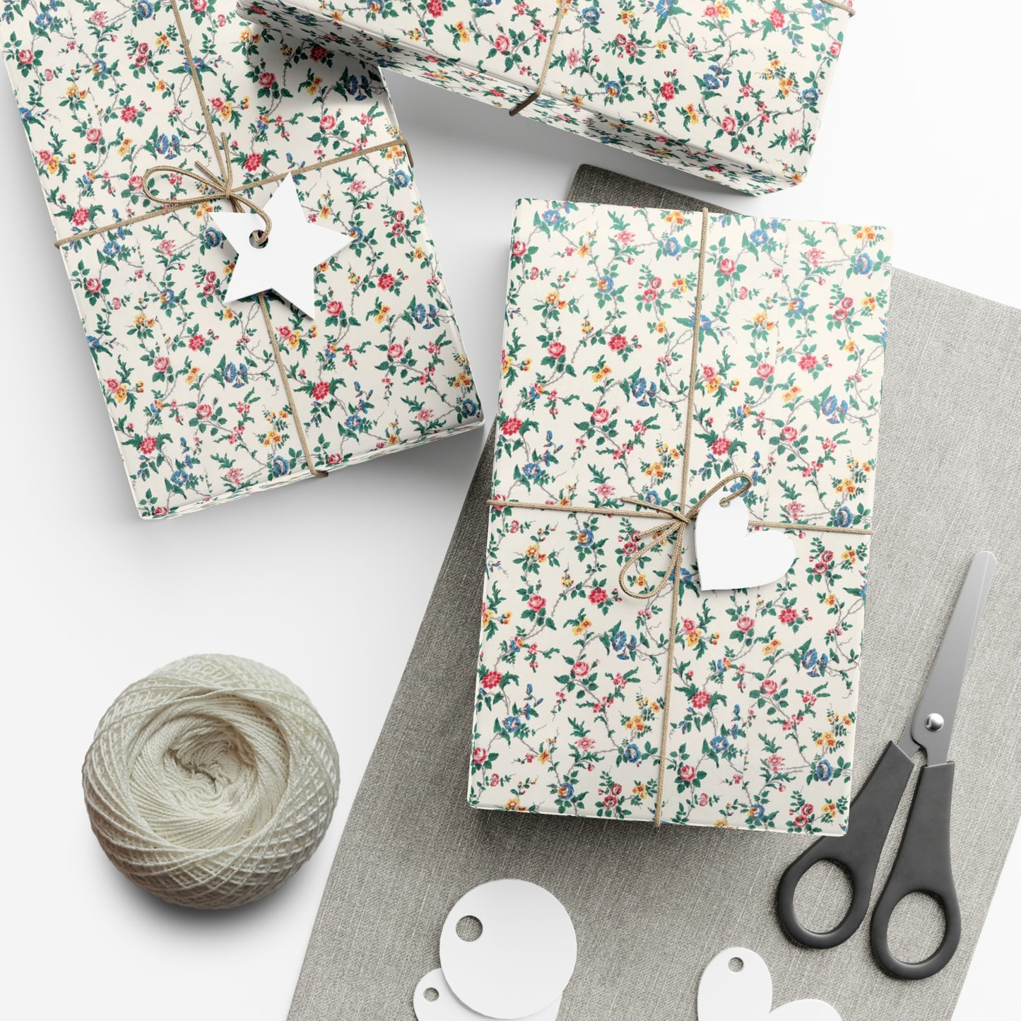 Elegant wildflower gift wrap in soft beige with delicate floral design, eco-friendly wrapping paper for birthdays, weddings, and special occasions.