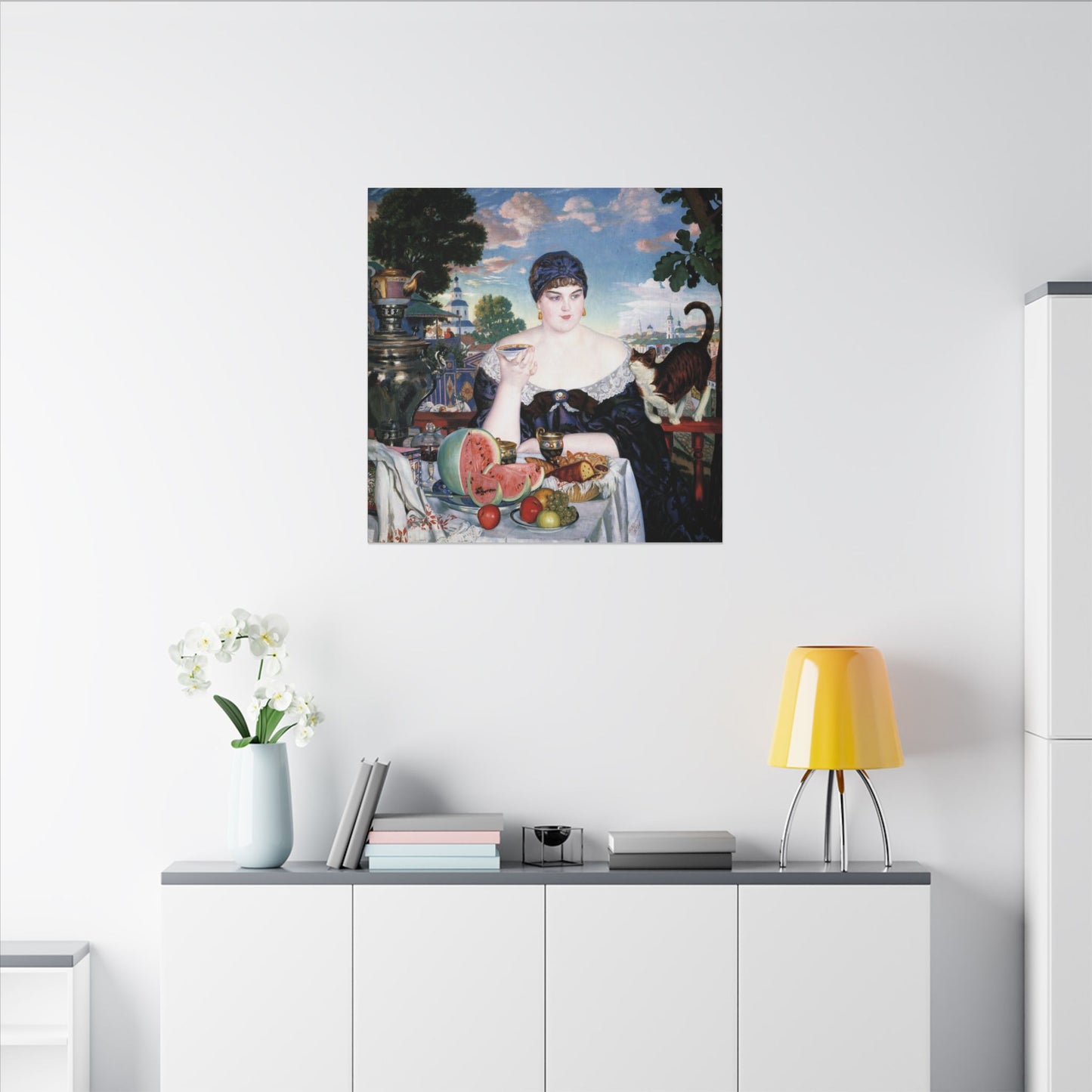 Merchant's Wife at Tea Canvas Print by Boris Kustodiev, Russian Art, Luxurious Home Decor, Eco-Friendly Wall Art