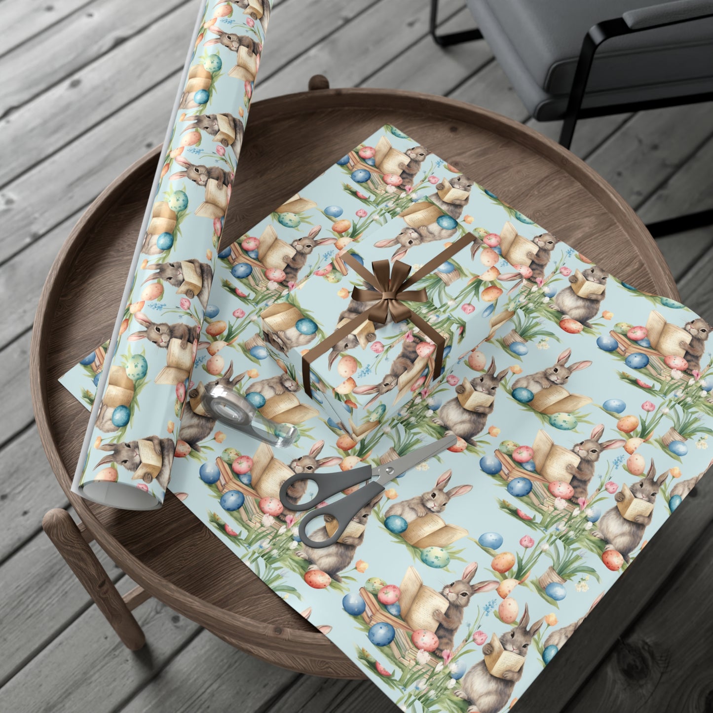 Adorable Easter Bunny Booklover Wrapping Paper - Soft Sky Blue with Colorful Eggs - Ideal for Easter, Baby Showers and Bunny Rabbit Lovers