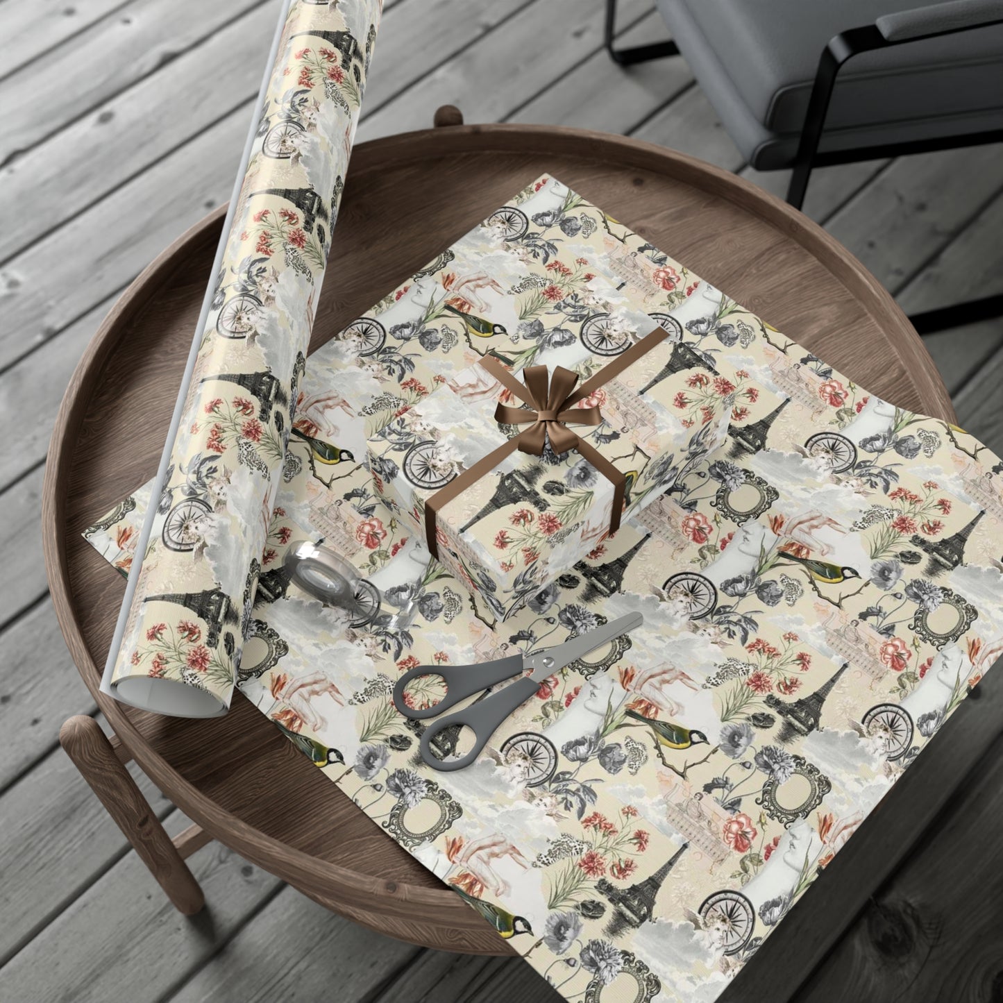 Vintage Antique Floral and Eiffel Tower Wrapping Paper - Retro Bird and Flower Pattern for Scrapbooking and Nostalgic Gifts