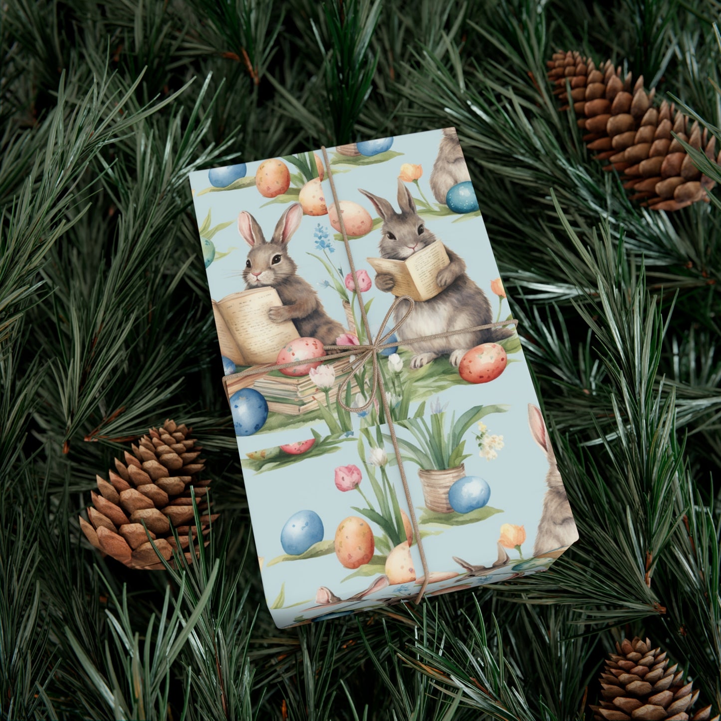 Adorable Easter Bunny Booklover Wrapping Paper - Soft Sky Blue with Colorful Eggs - Ideal for Easter, Baby Showers and Bunny Rabbit Lovers