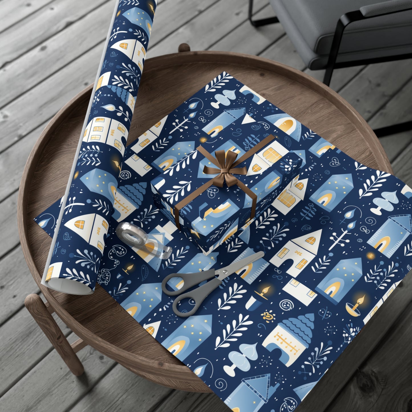 Blue Cozy Homes & Candles Gift Wrapping Paper - Elegant Winter - Themed Wrap for Special Occasions, Hanukkah, Birthdays, Holidays