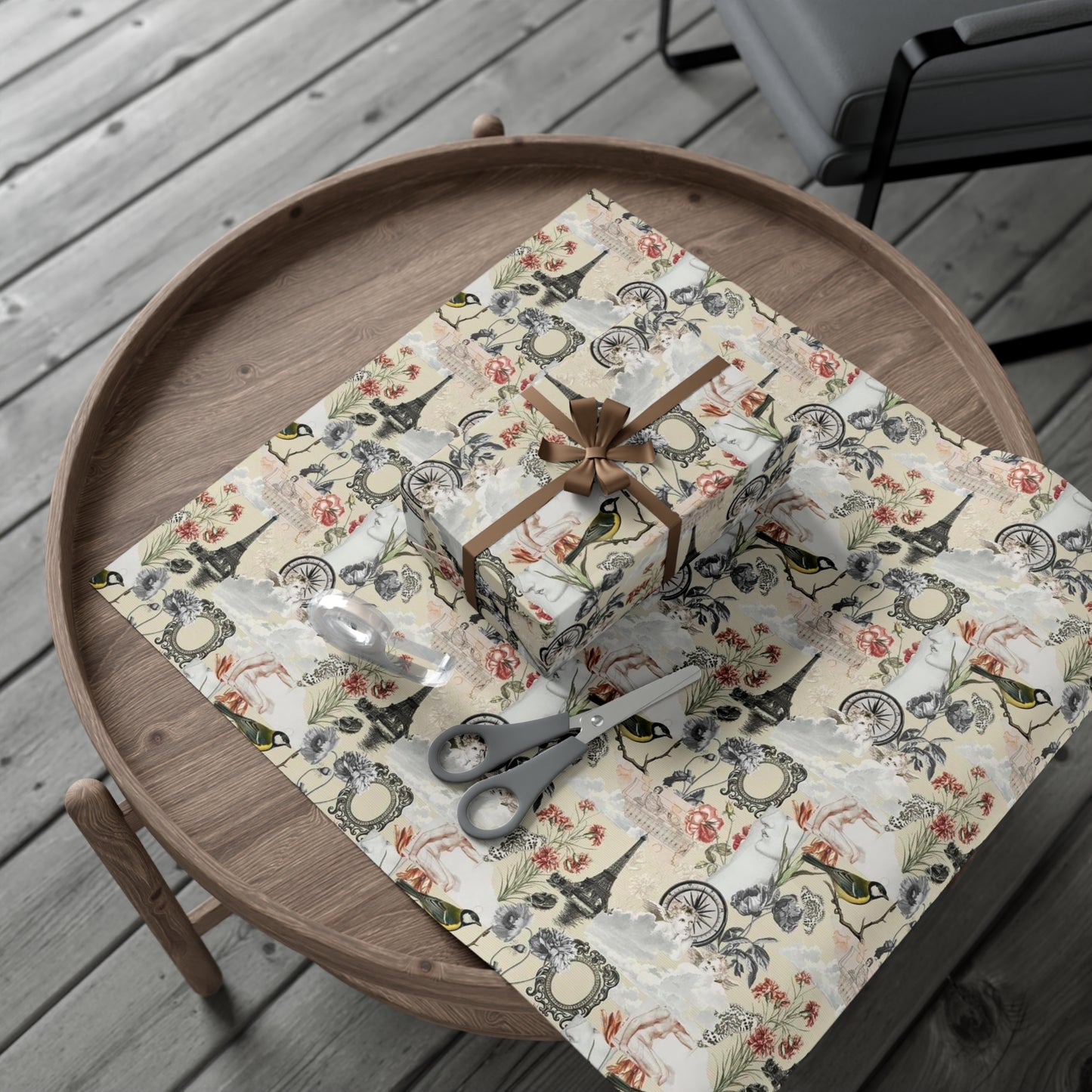 Vintage Antique Floral and Eiffel Tower Wrapping Paper - Retro Bird and Flower Pattern for Scrapbooking and Nostalgic Gifts