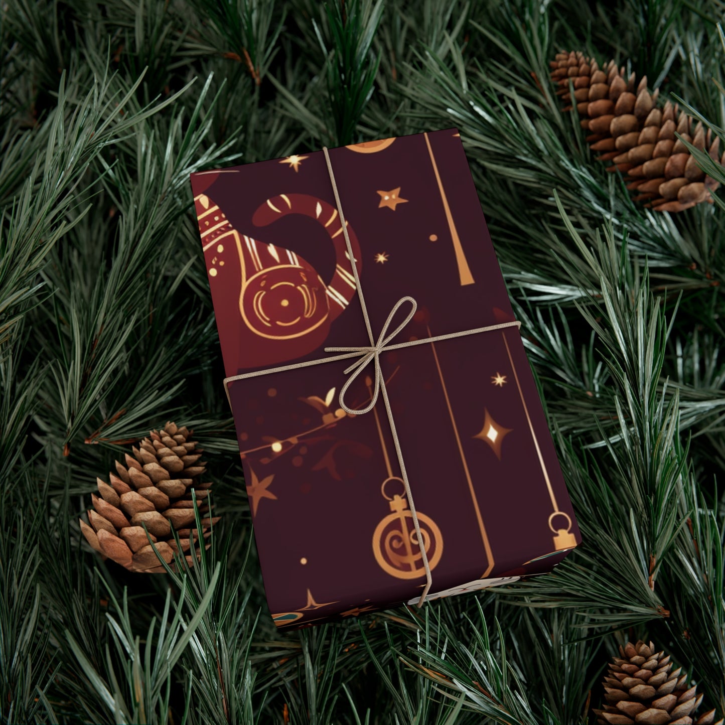 Elegant Cat Christmas Wrapping Paper - Golden Ornaments on Maroon - Luxury Festive Gift Wrap for Christmas, New Year, Chinese New Year