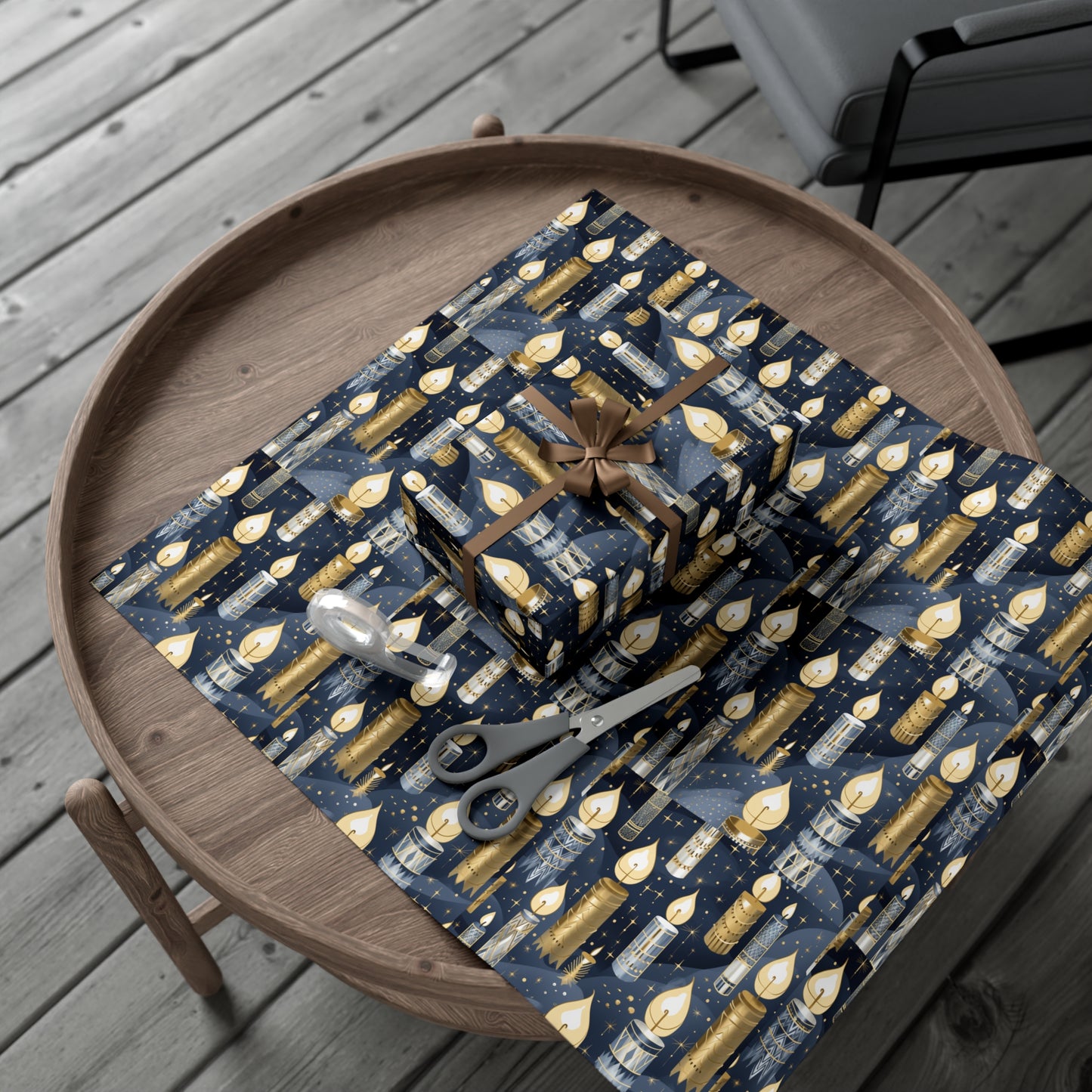 Golden and Silver Candles Wrapping Paper Navy Background Perfect for Hanukkah, Christmas - Premium Gift Wrap Sheet